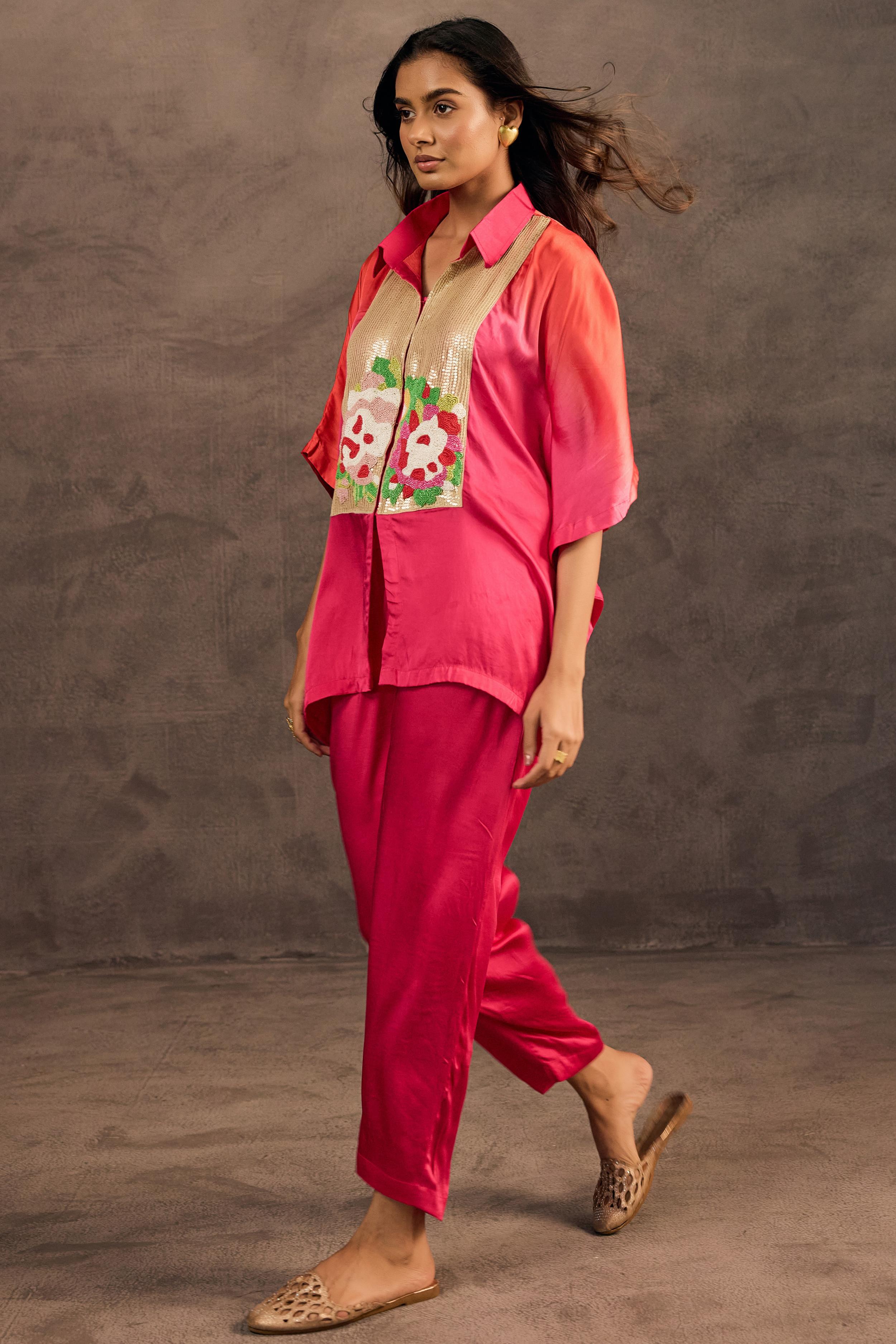 Rose Radiance Embellished Satin Silk Kaftan Set