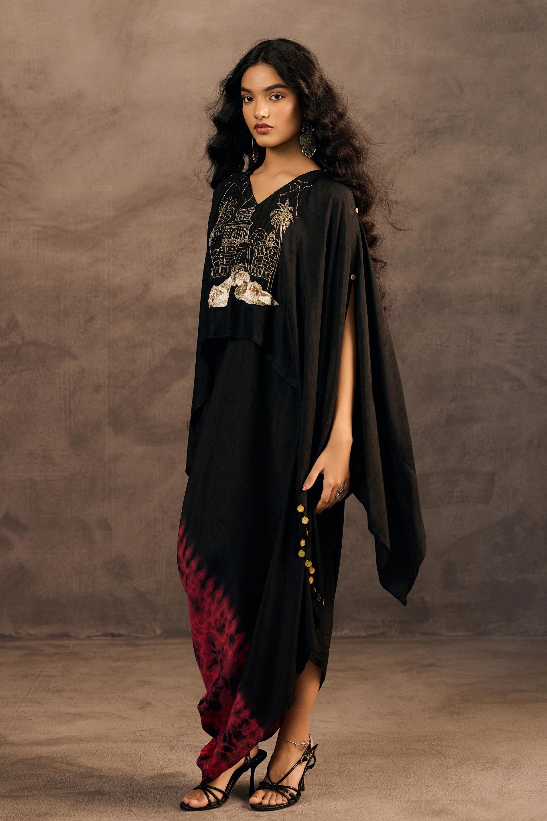 Twilight Black Embellished Raw Silk Kaftan Set