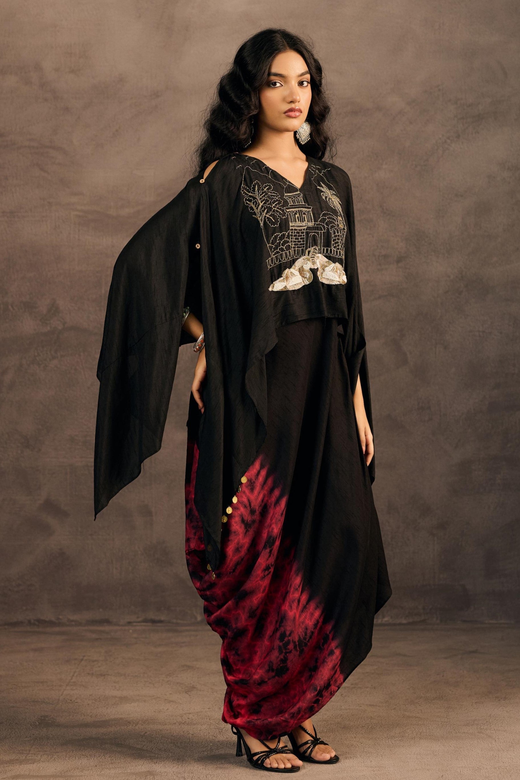 Twilight Black Embellished Raw Silk Kaftan Set