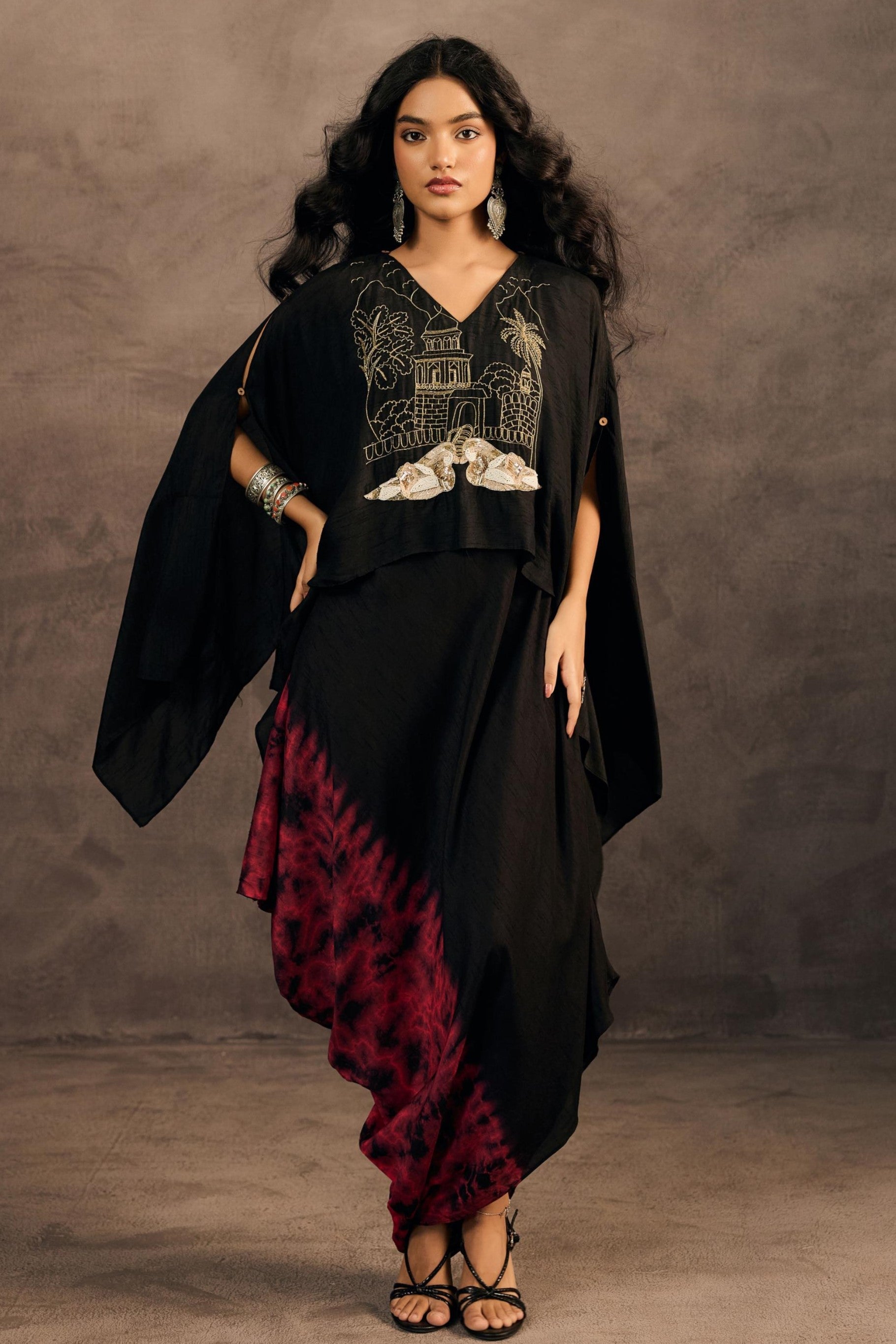 Twilight Black Embellished Raw Silk Kaftan Set