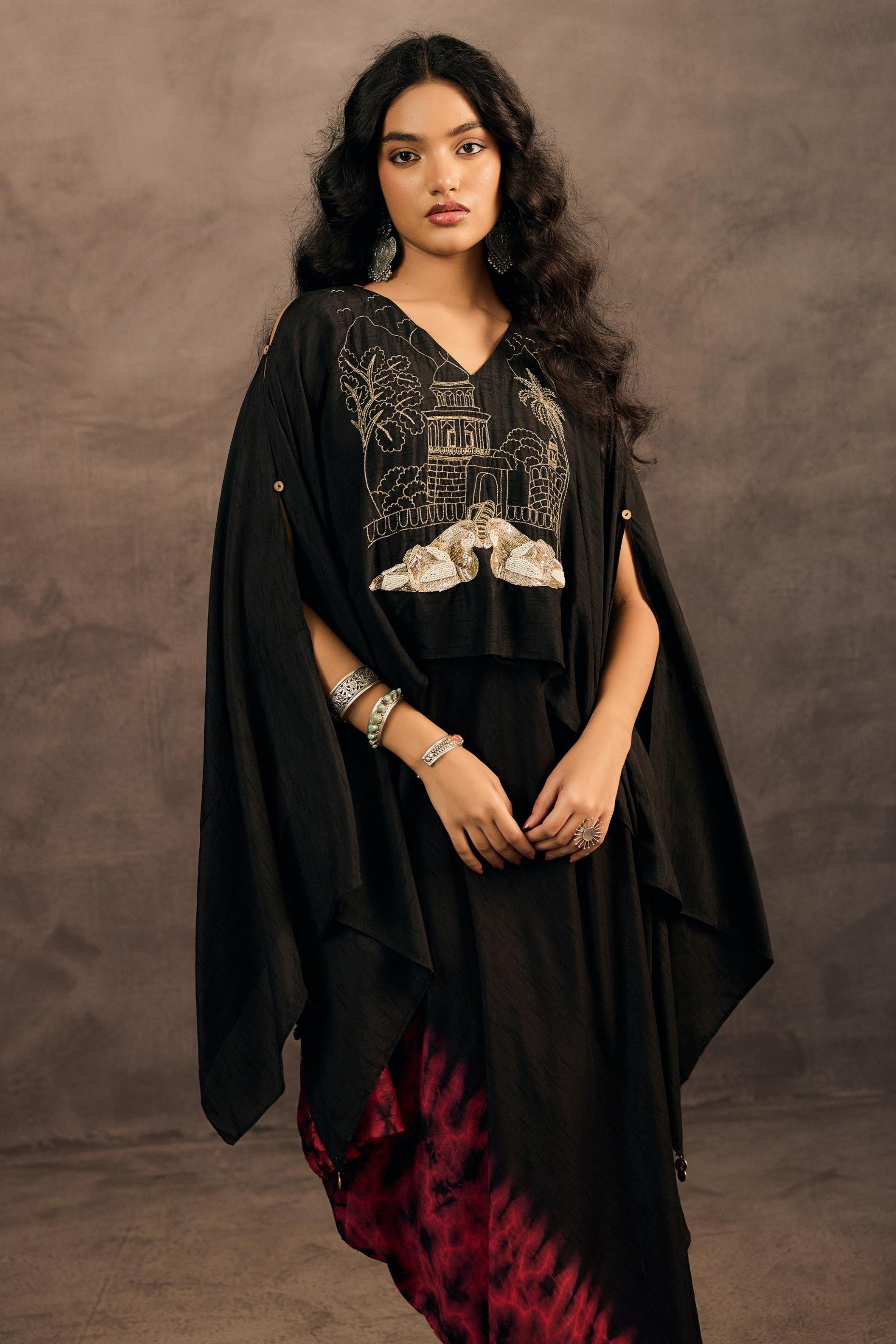 Twilight Black Embellished Raw Silk Kaftan Set