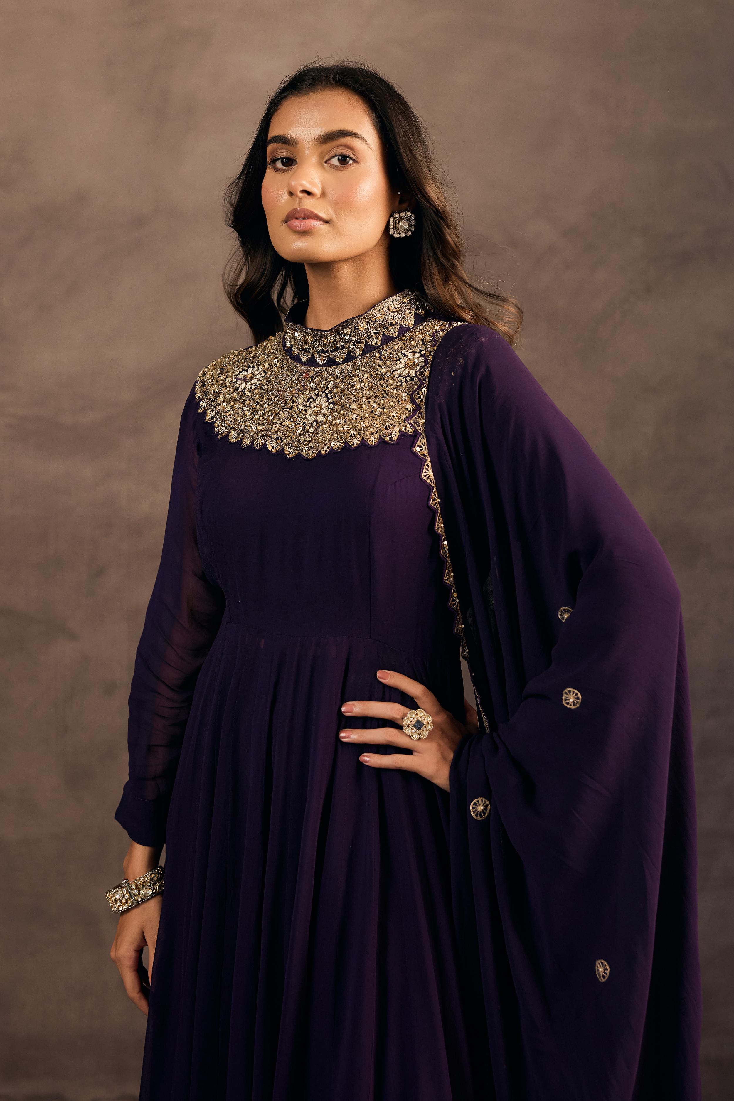 Deep Purple Embellished Georgette Silk Sharara Set