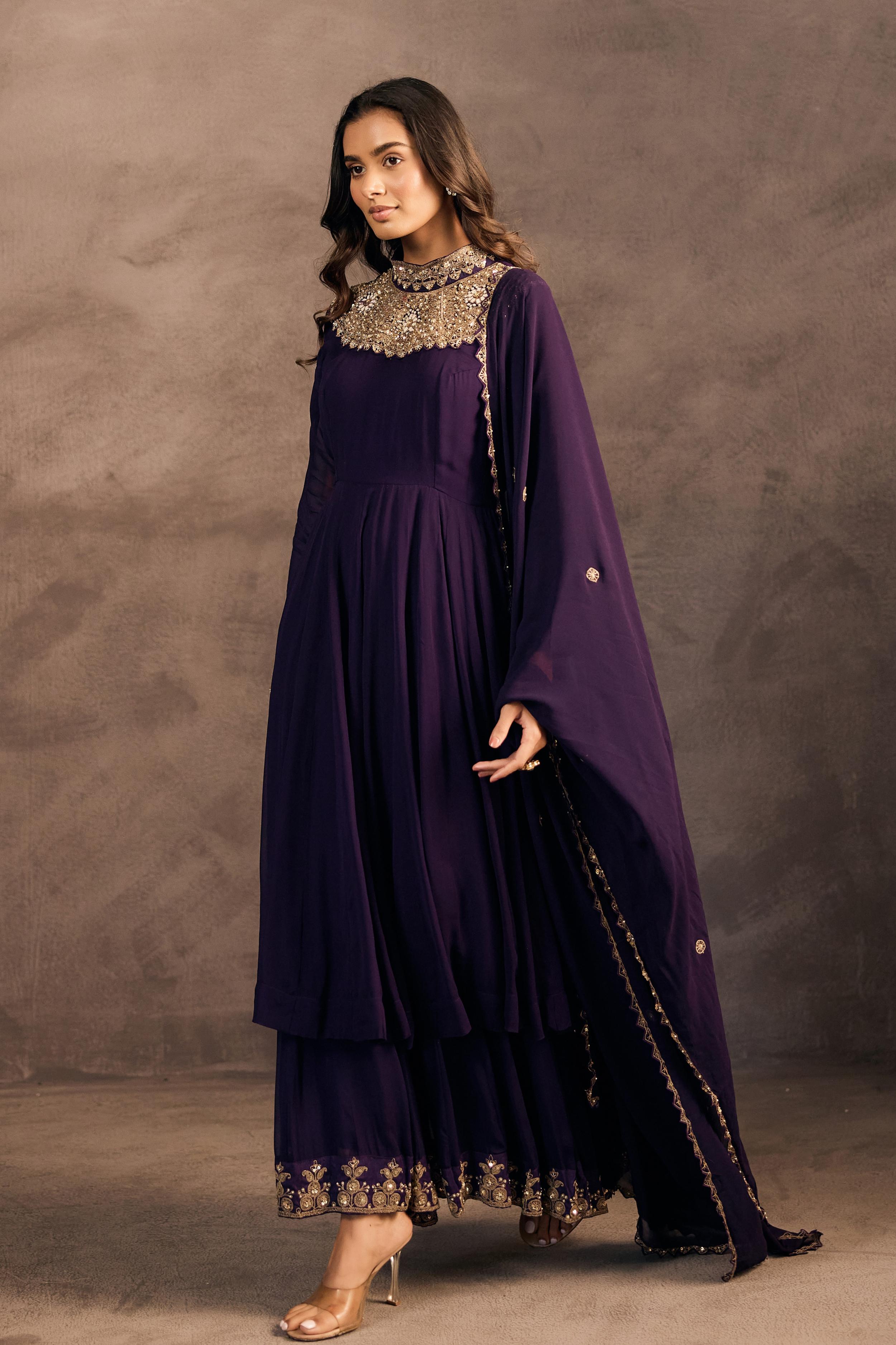 Deep Purple Embellished Georgette Silk Sharara Set
