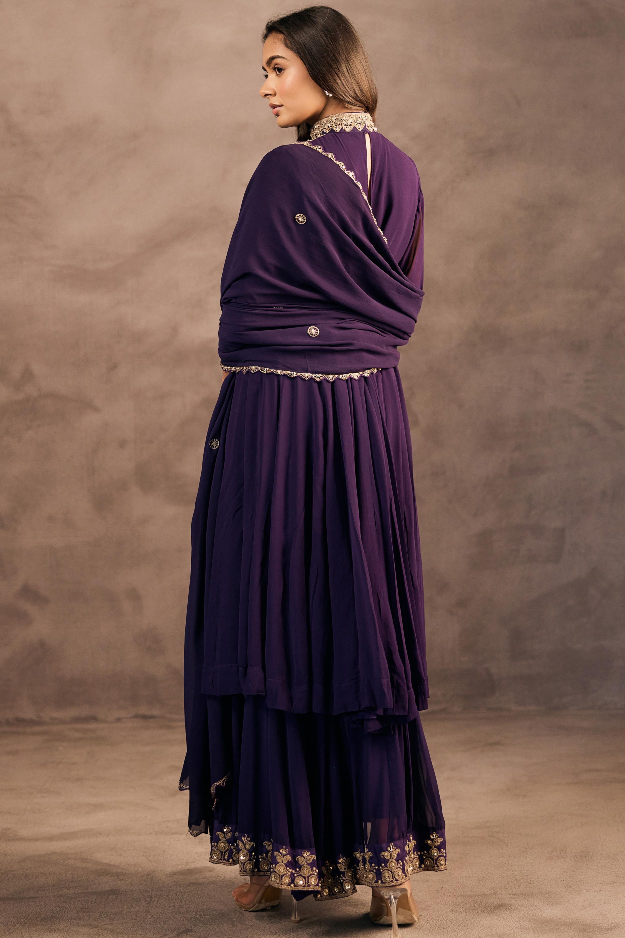 Deep Purple Embellished Georgette Silk Sharara Set