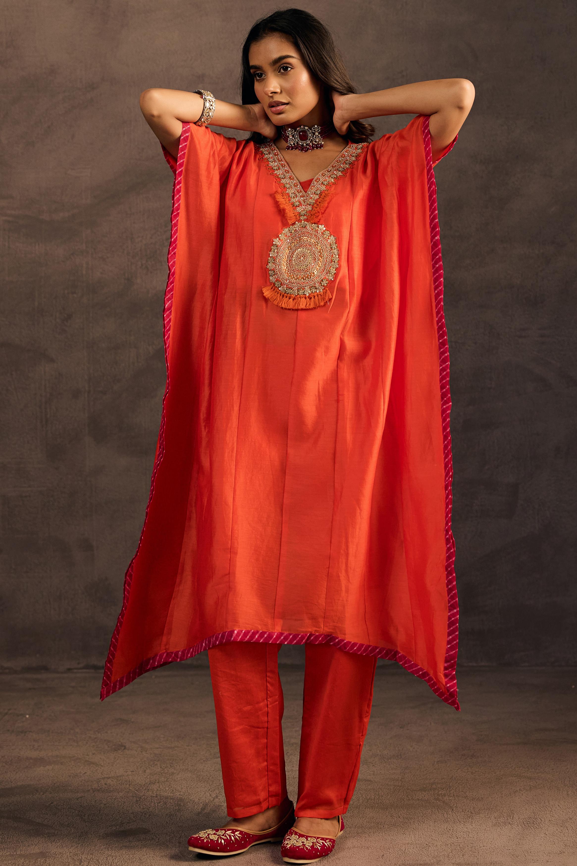 Flame Orange Embellished Organza Tissue Silk Kaftan Set
