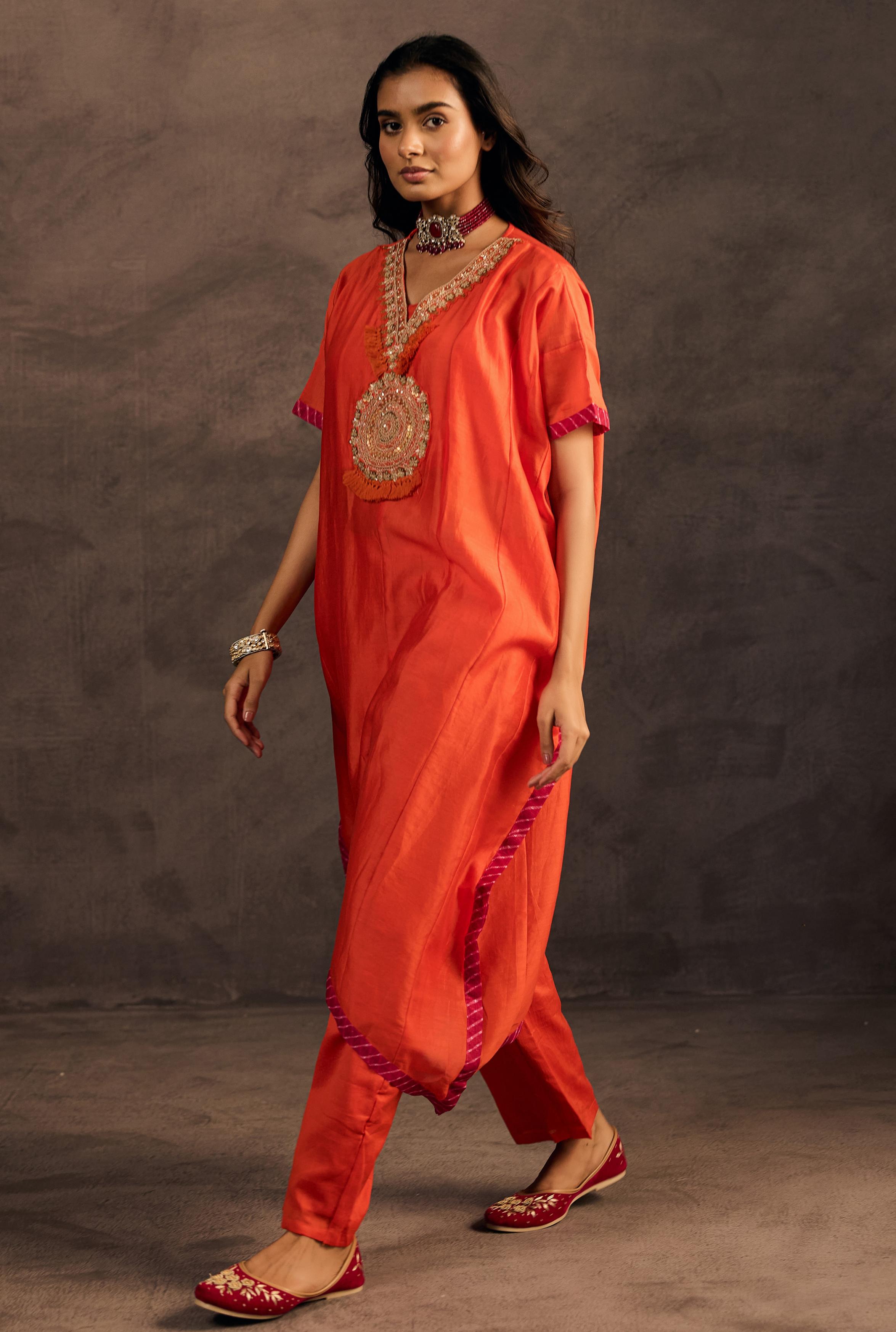 Flame Orange Embellished Organza Tissue Silk Kaftan Set