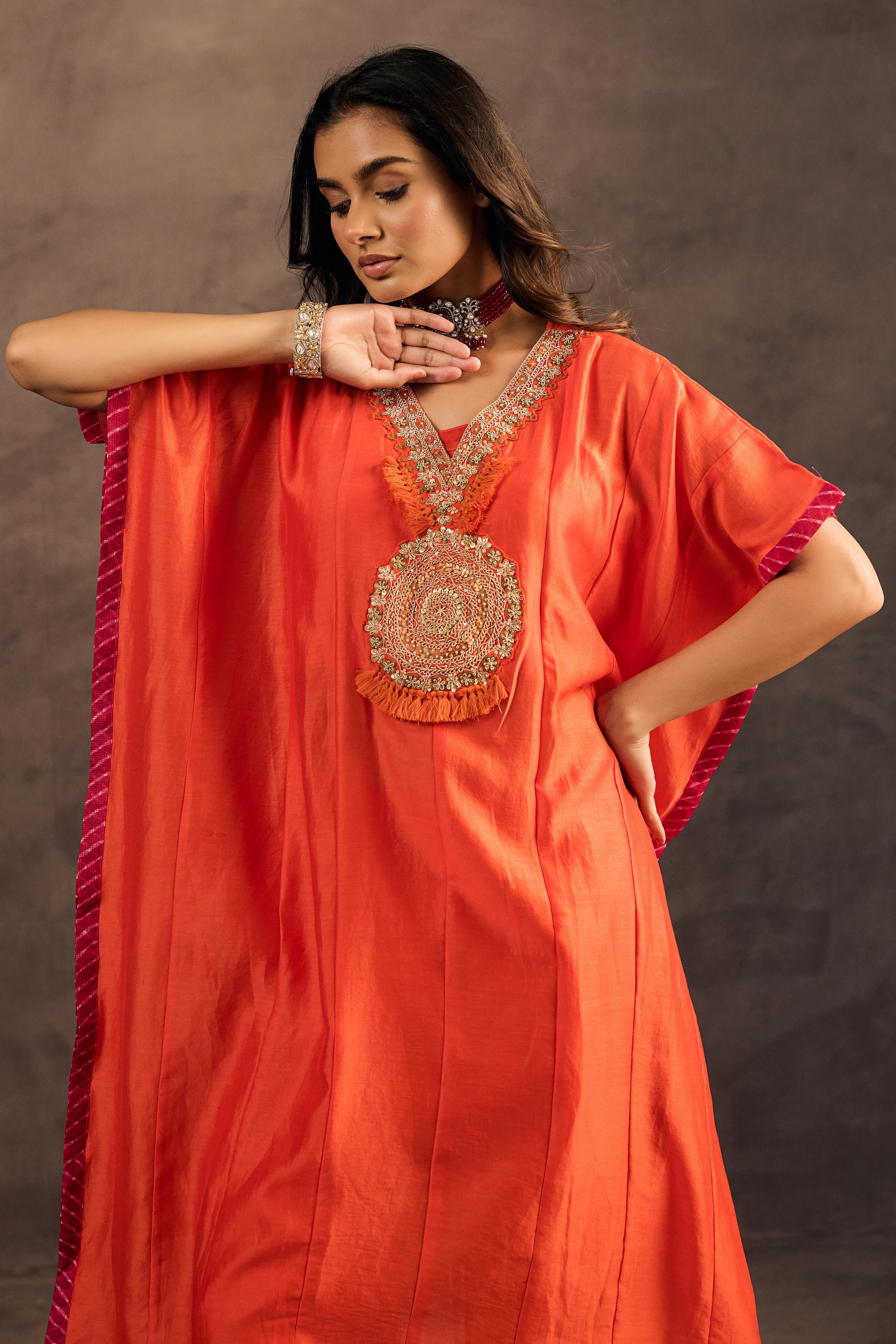 Flame Orange Embellished Organza Tissue Silk Kaftan Set