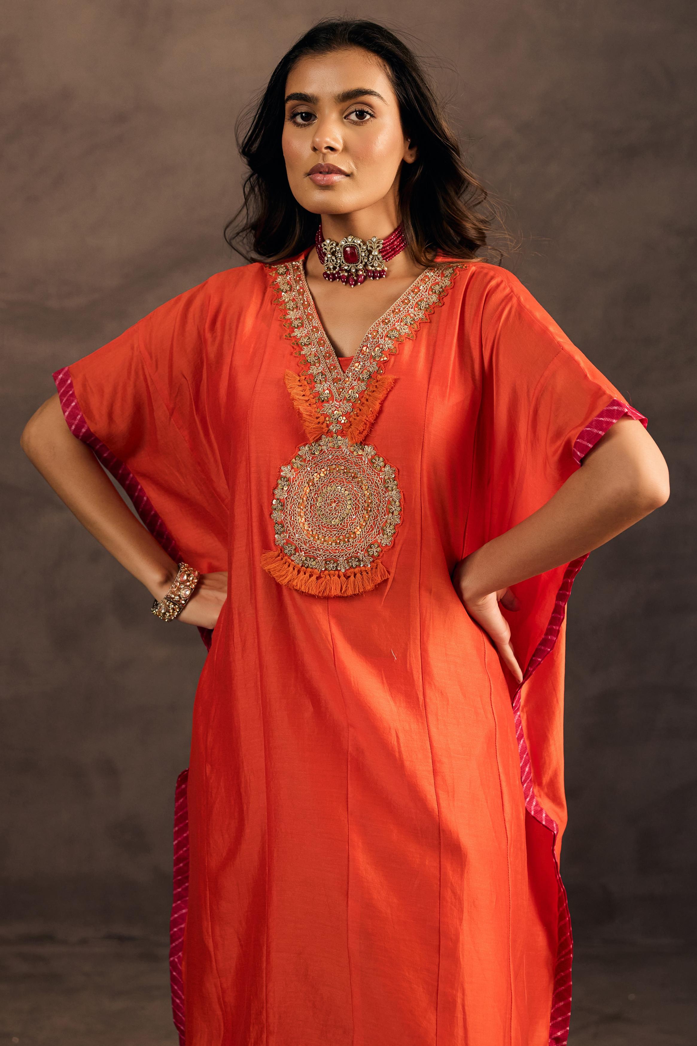 Flame Orange Embellished Organza Tissue Silk Kaftan Set