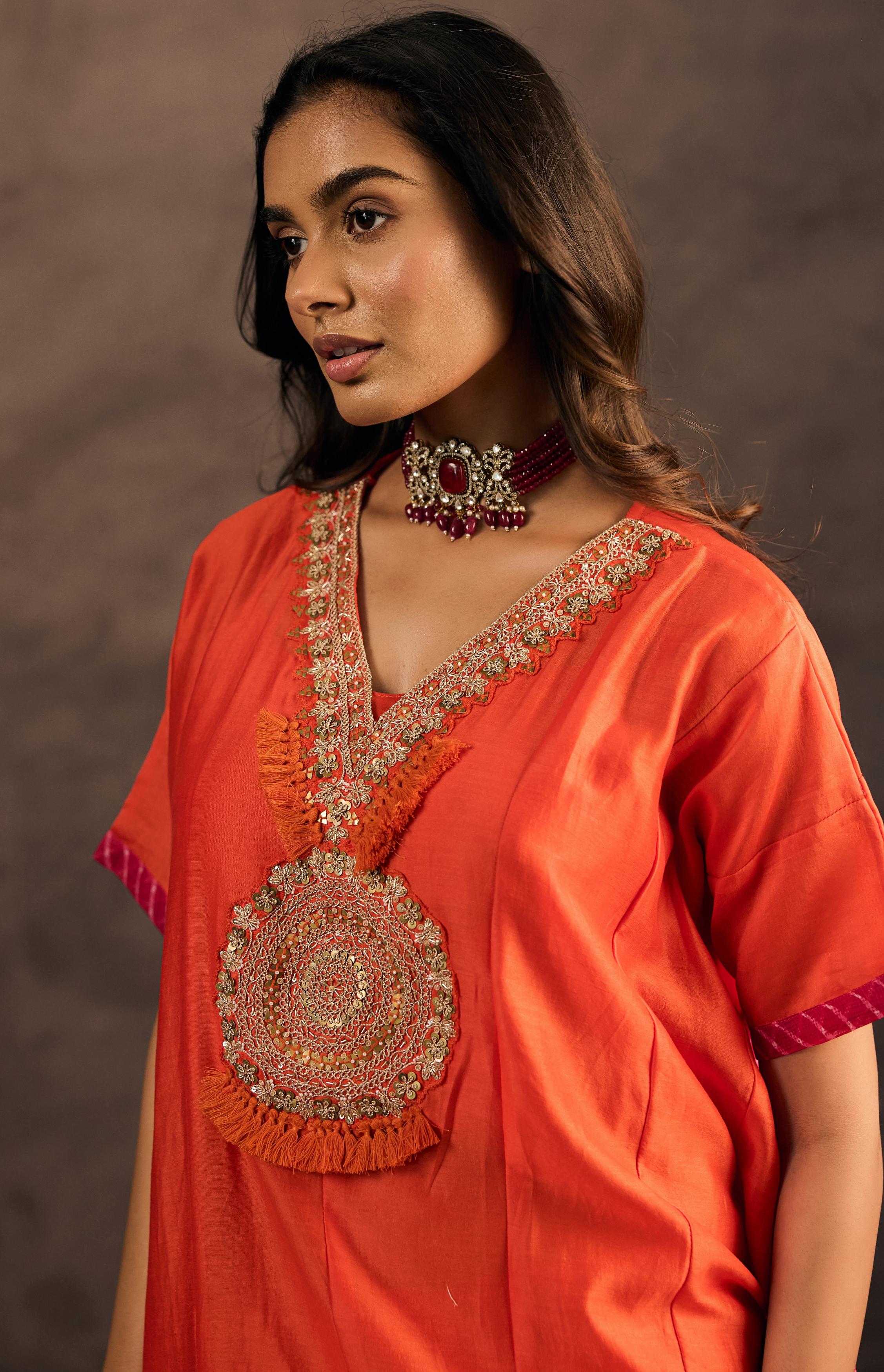 Flame Orange Embellished Organza Tissue Silk Kaftan Set