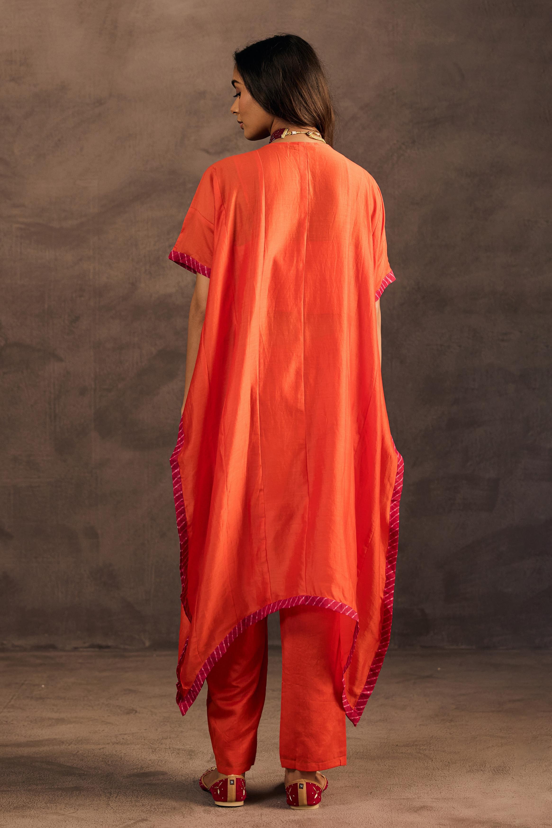 Flame Orange Embellished Organza Tissue Silk Kaftan Set