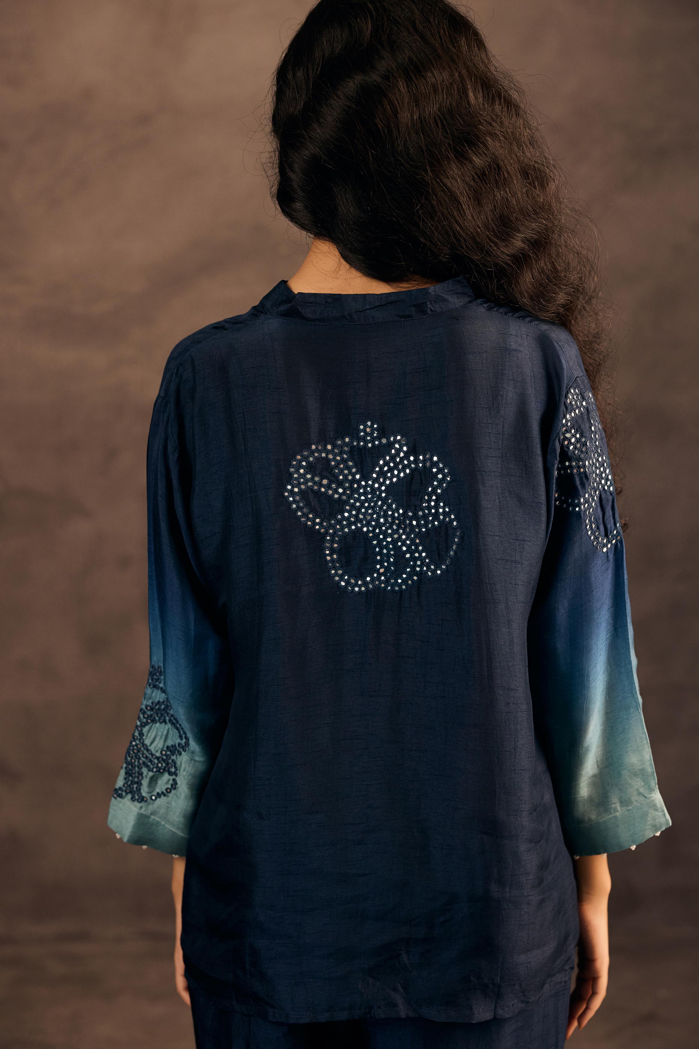 Midnight Teal Mist Embellished Raw Silk Co-Ord Set