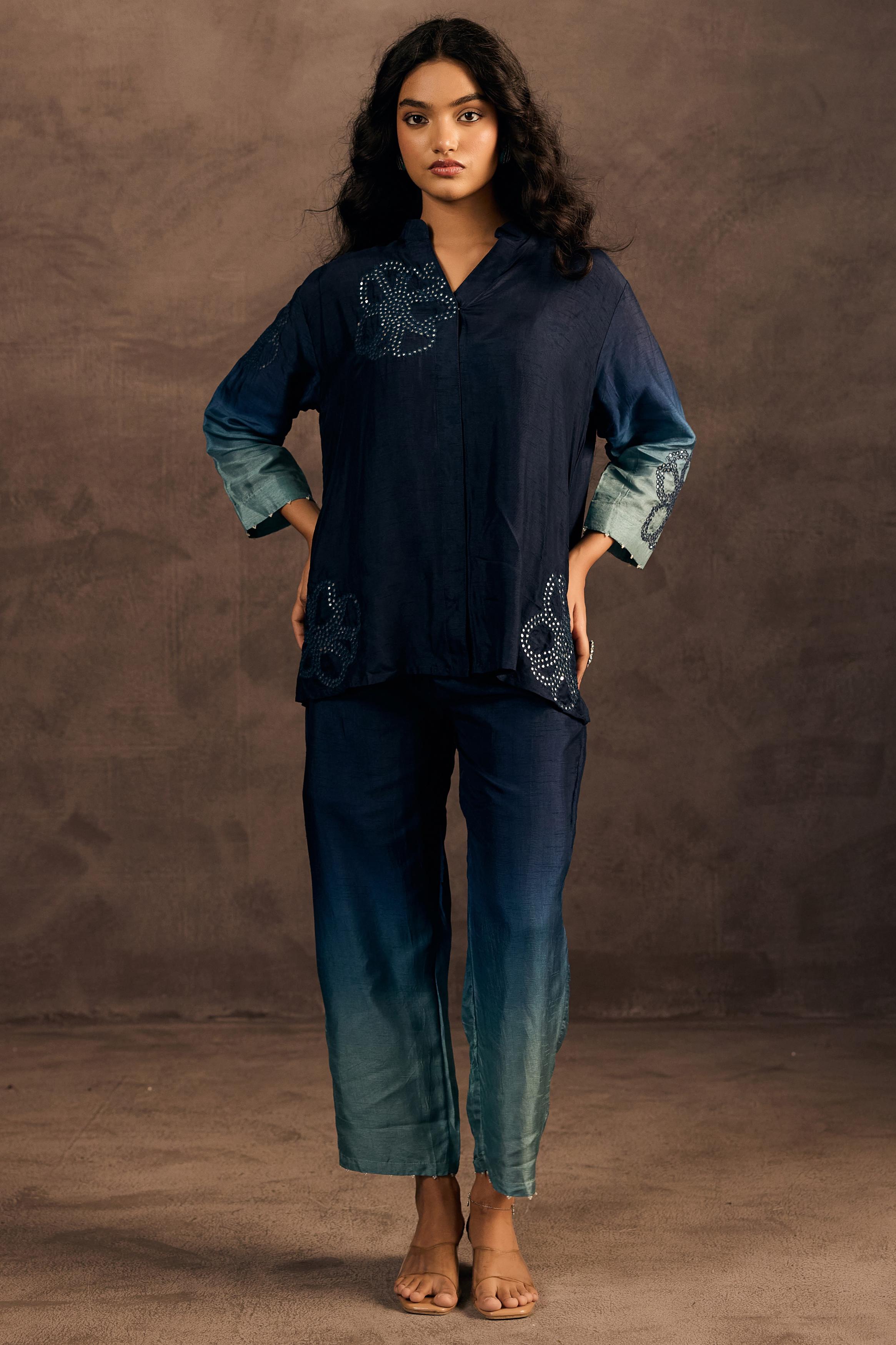 Midnight Teal Mist Embellished Raw Silk Co-Ord Set