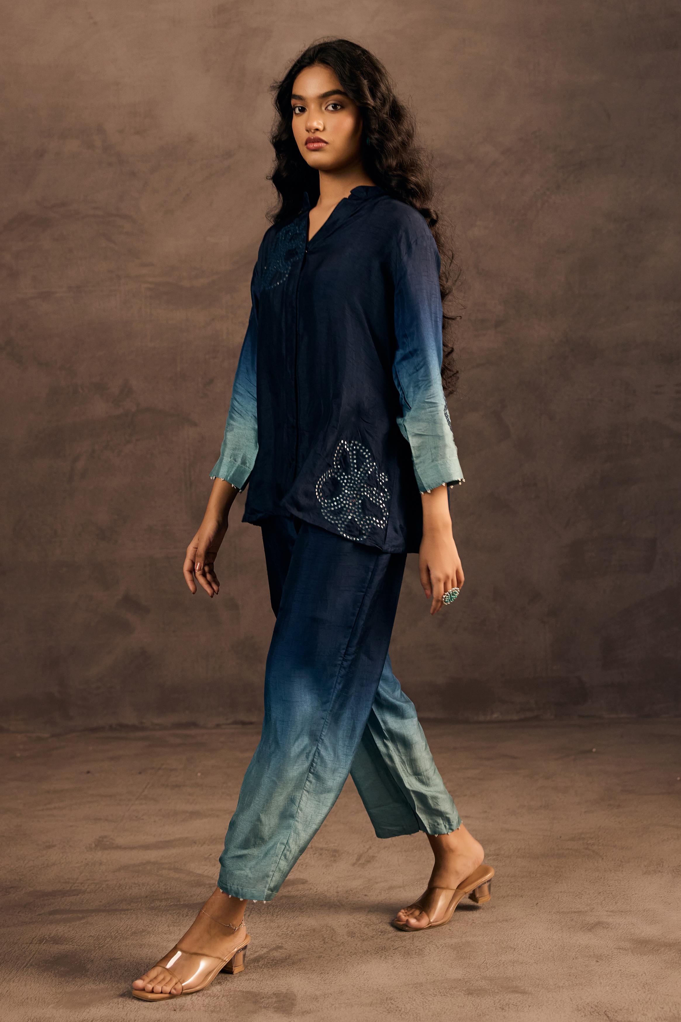 Midnight Teal Mist Embellished Raw Silk Co-Ord Set