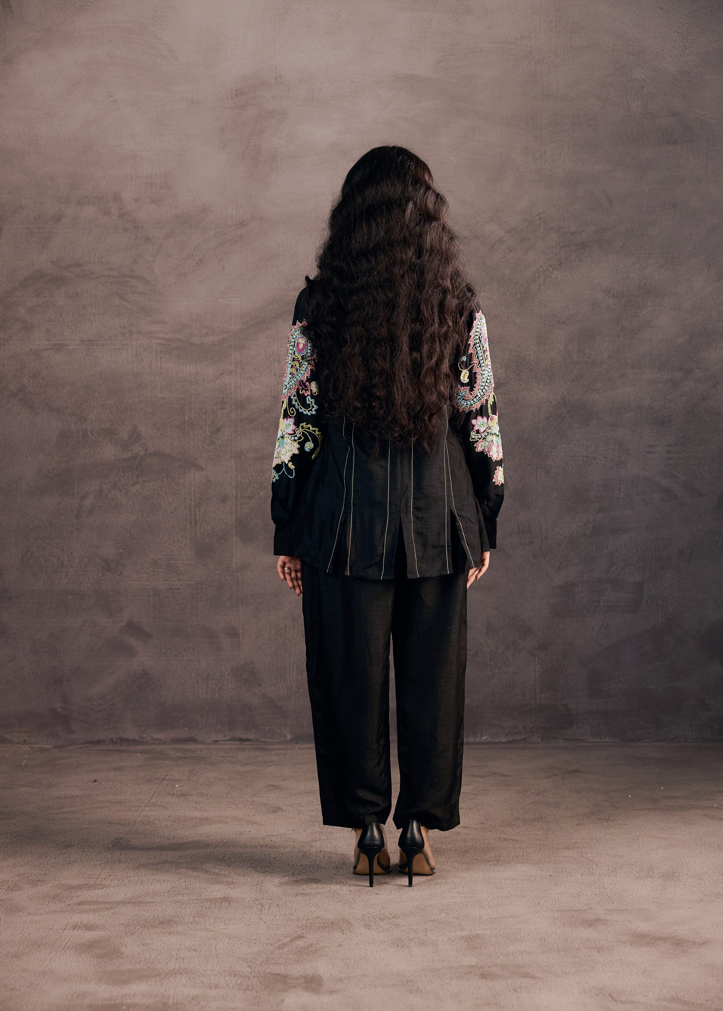 Midnight Black Embroidered Raw Silk Co-Ord Set