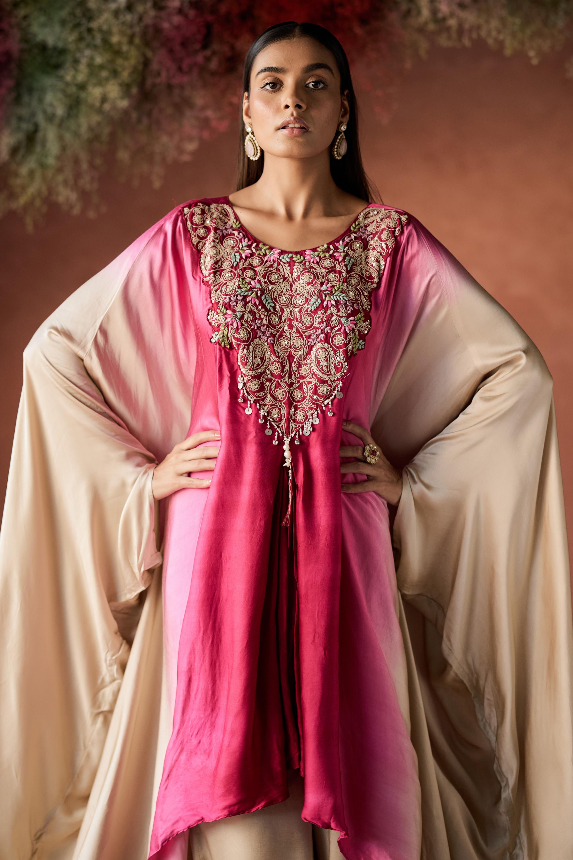 Dark Pink Embellished Satin Silk Kaftan Set