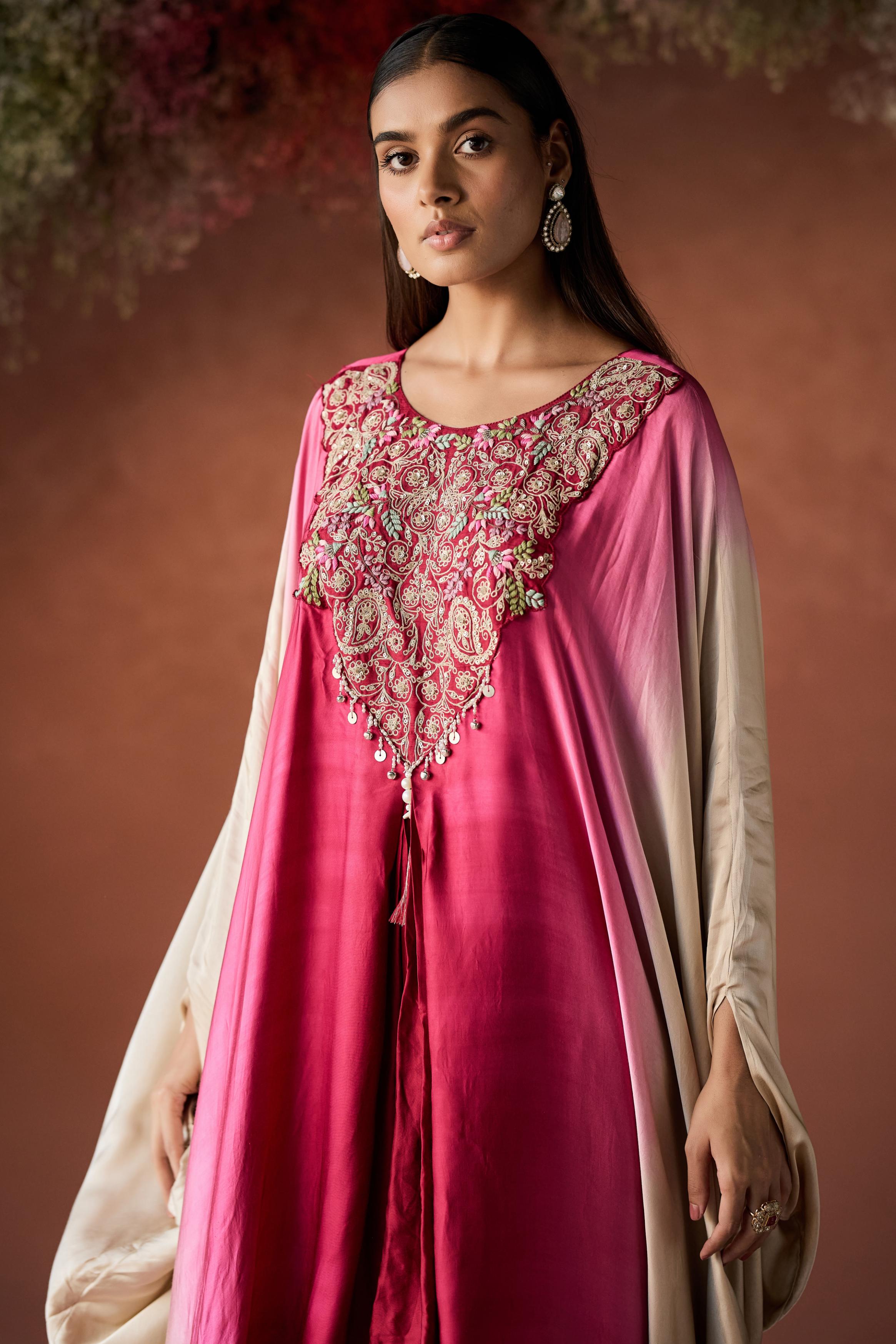 Dark Pink Embellished Satin Silk Kaftan Set