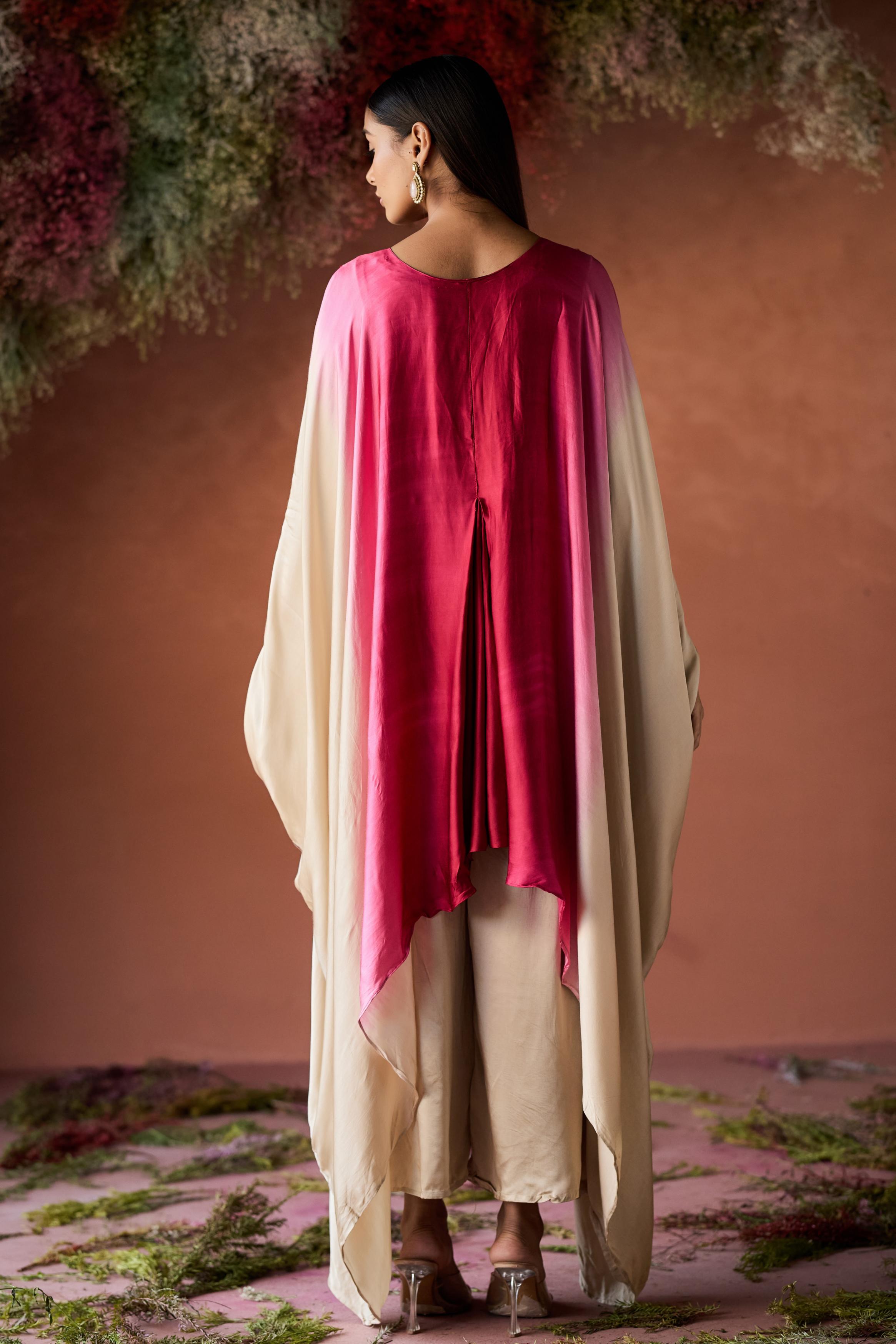 Dark Pink Embellished Satin Silk Kaftan Set