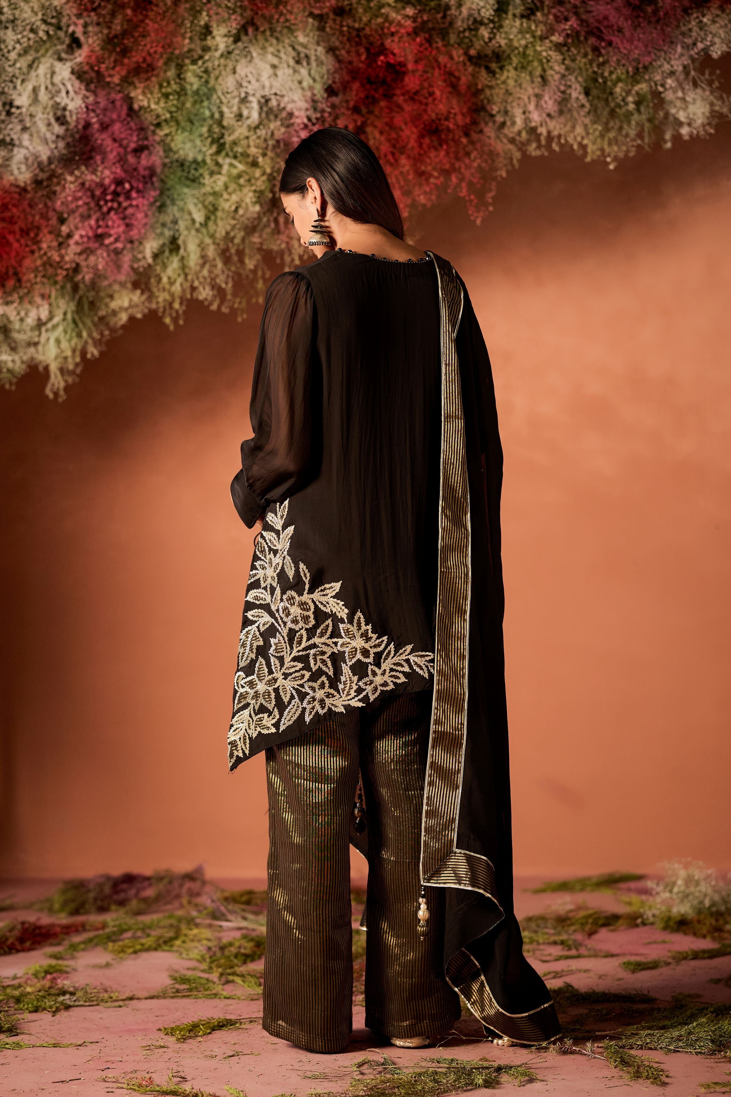 Black Embellished Shimmer Organza Palazzo Set