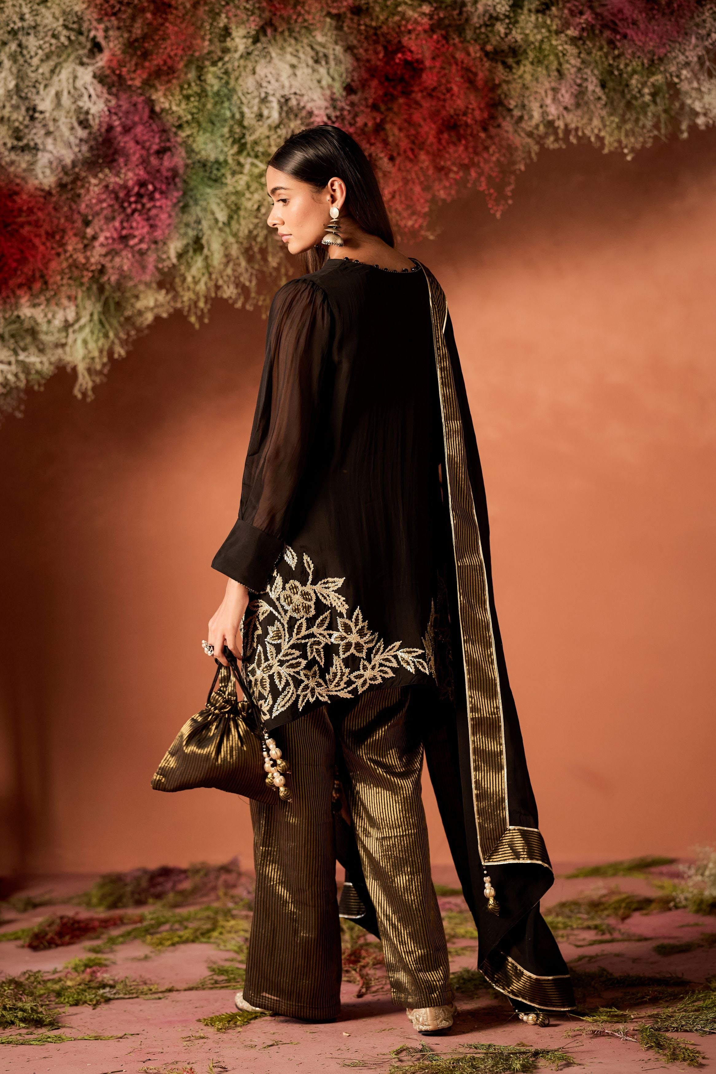 Black Embellished Shimmer Organza Palazzo Set