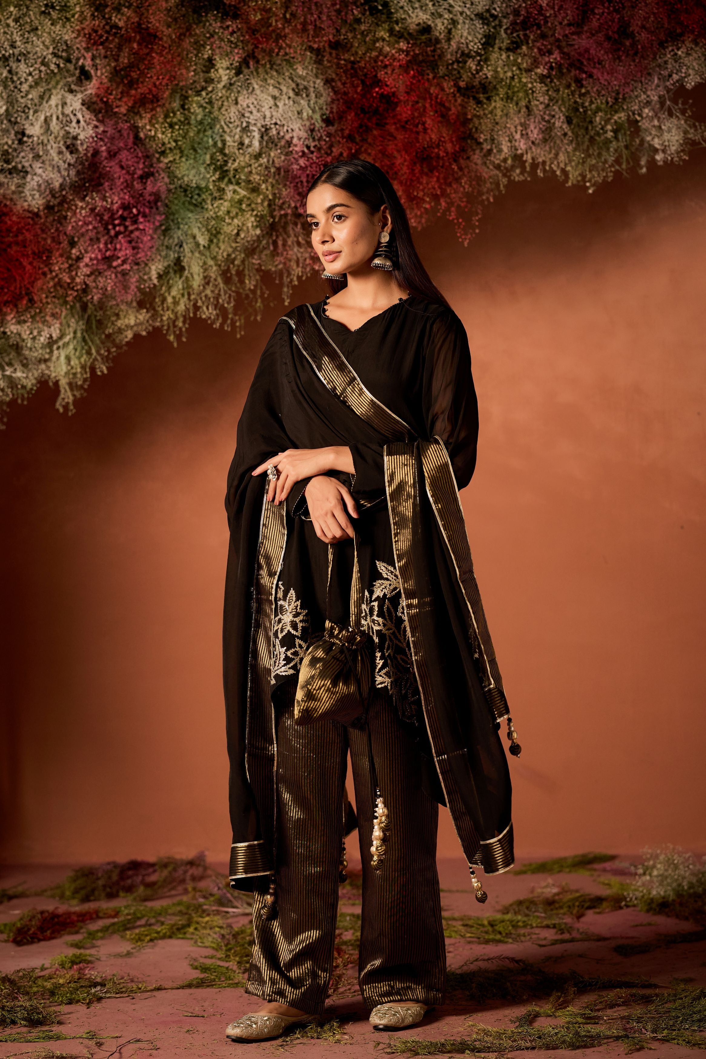 Black Embellished Shimmer Organza Palazzo Set