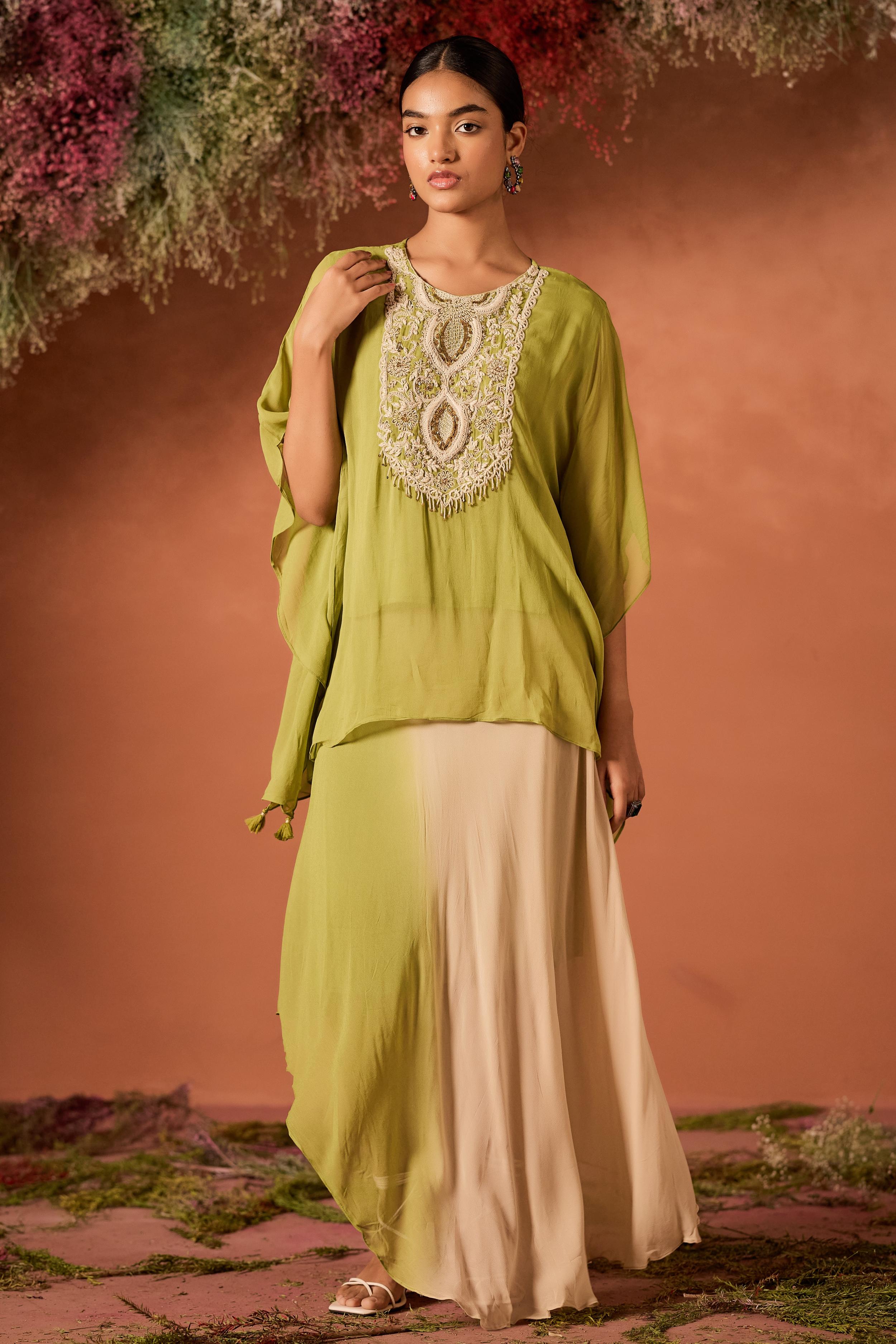 Lime Green Embellished Georgette Silk Kaftan Set