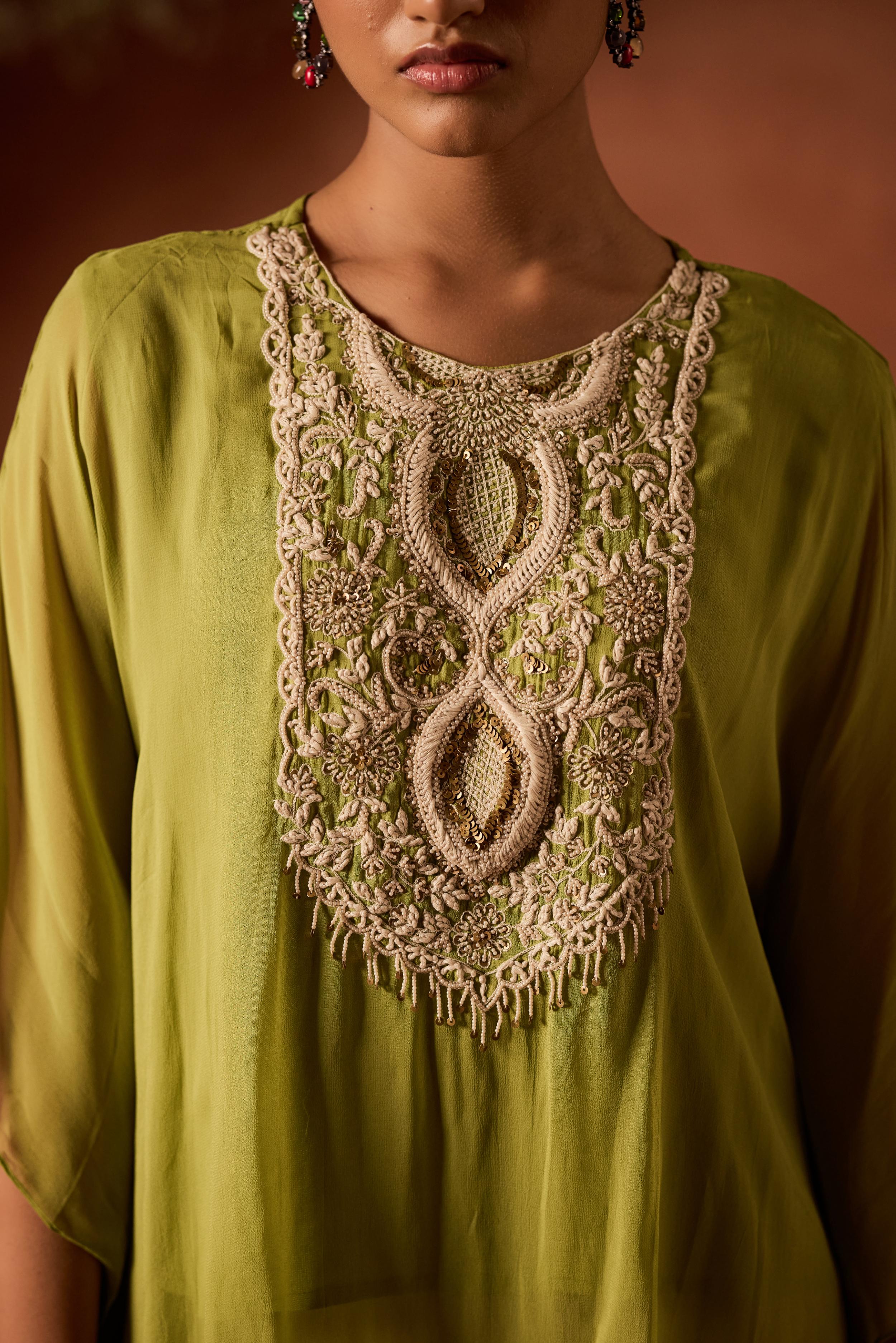 Lime Green Embellished Georgette Silk Kaftan Set