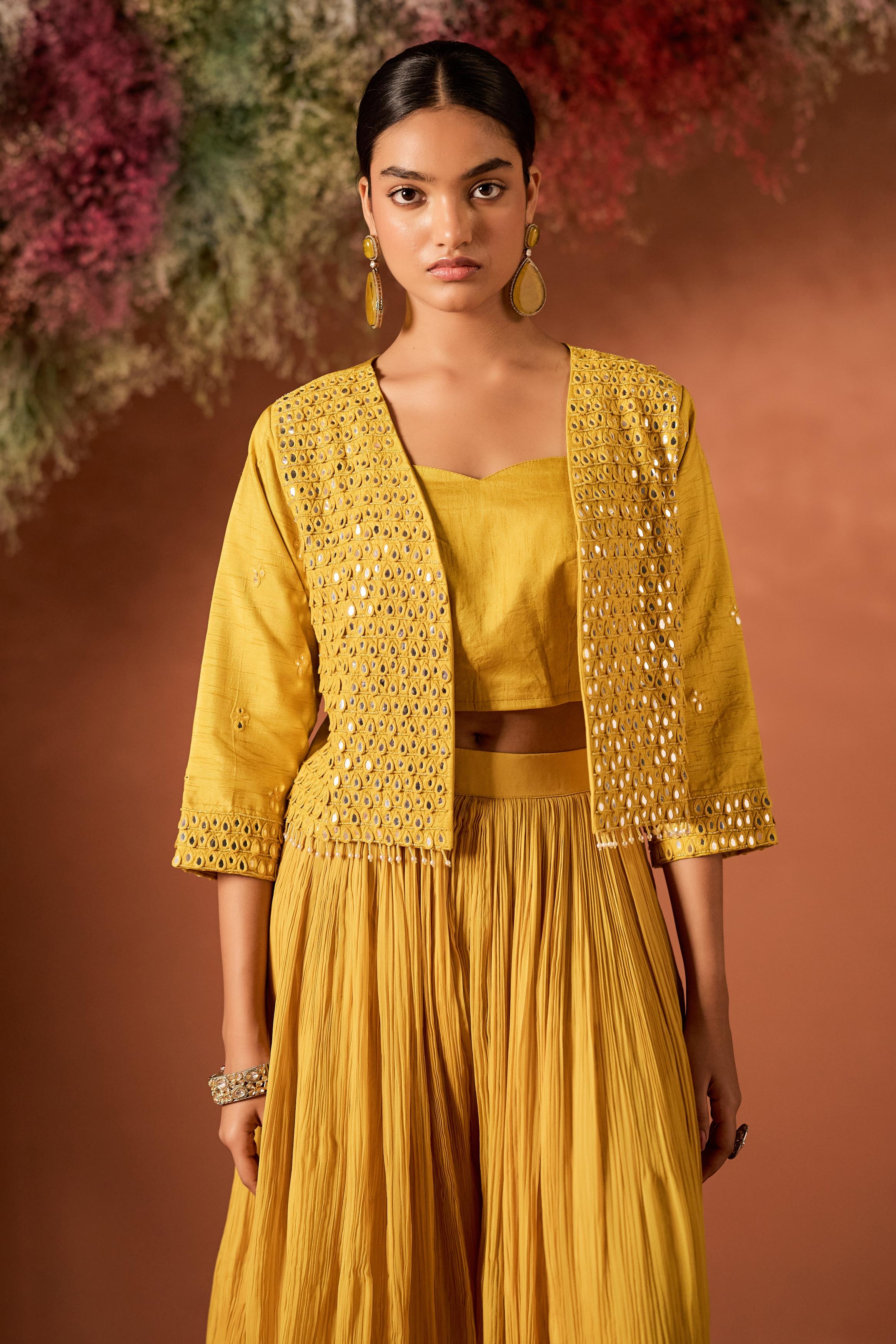 Mustard Yellow Embellished Raw Silk Palazzo Set