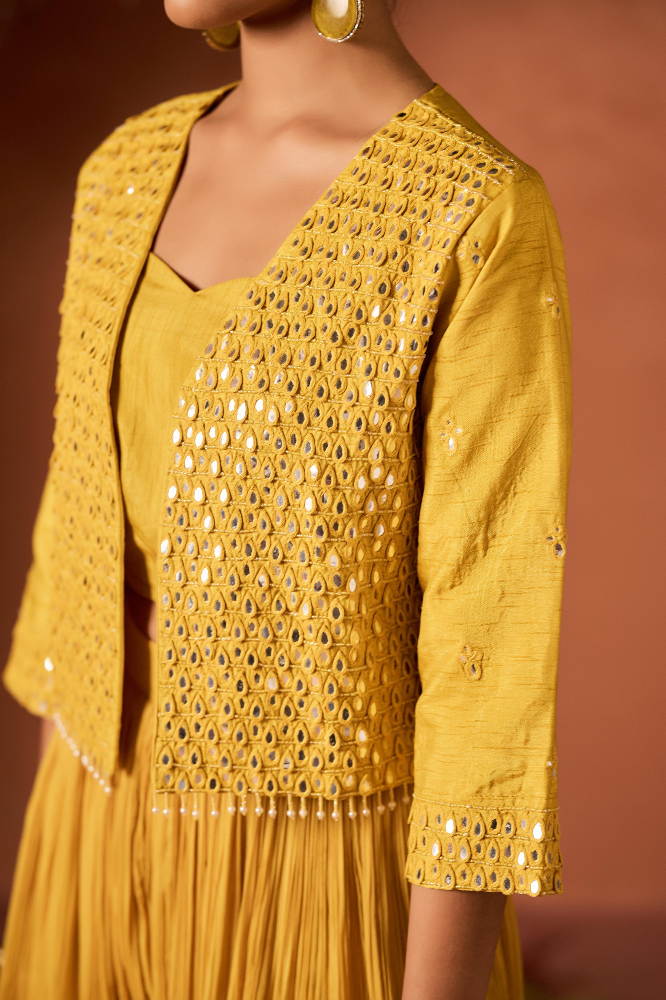 Mustard Yellow Embellished Raw Silk Palazzo Set