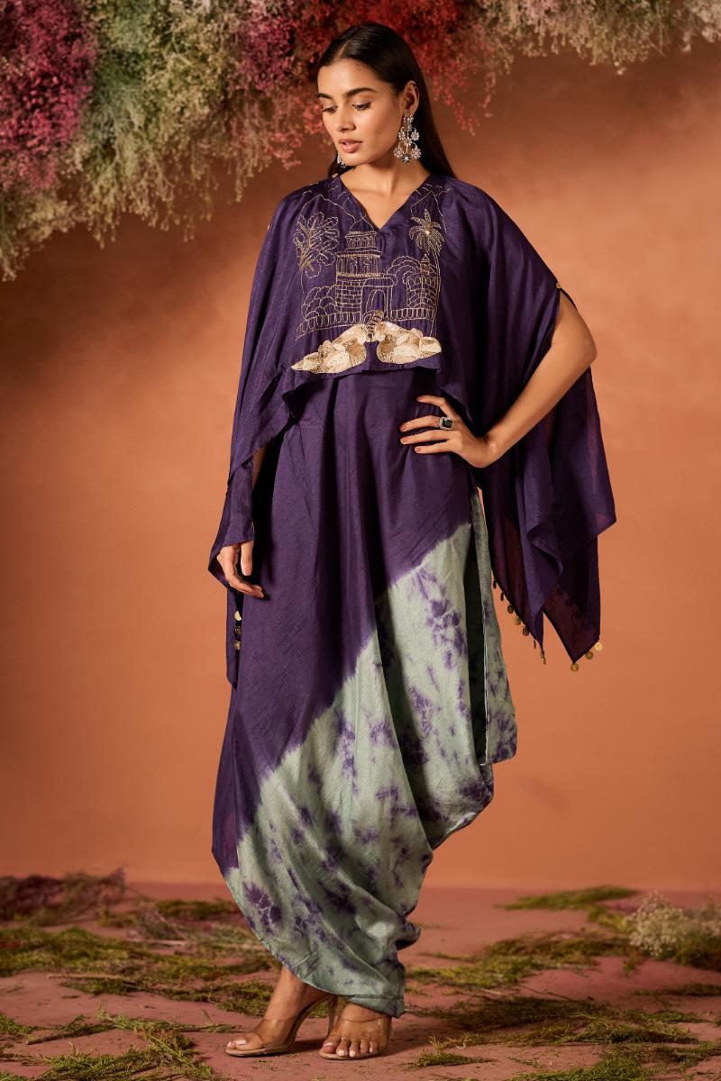 Royal Purple Embellished Raw Silk Kaftan Set