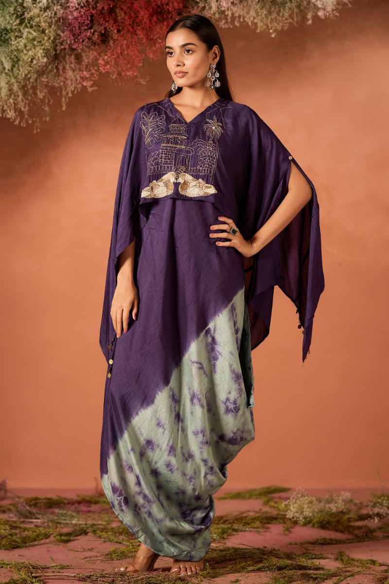 Royal Purple Embellished Raw Silk Kaftan Set