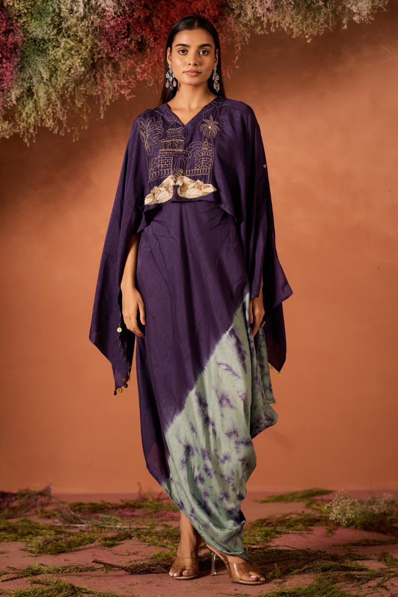 Royal Purple Embellished Raw Silk Kaftan Set