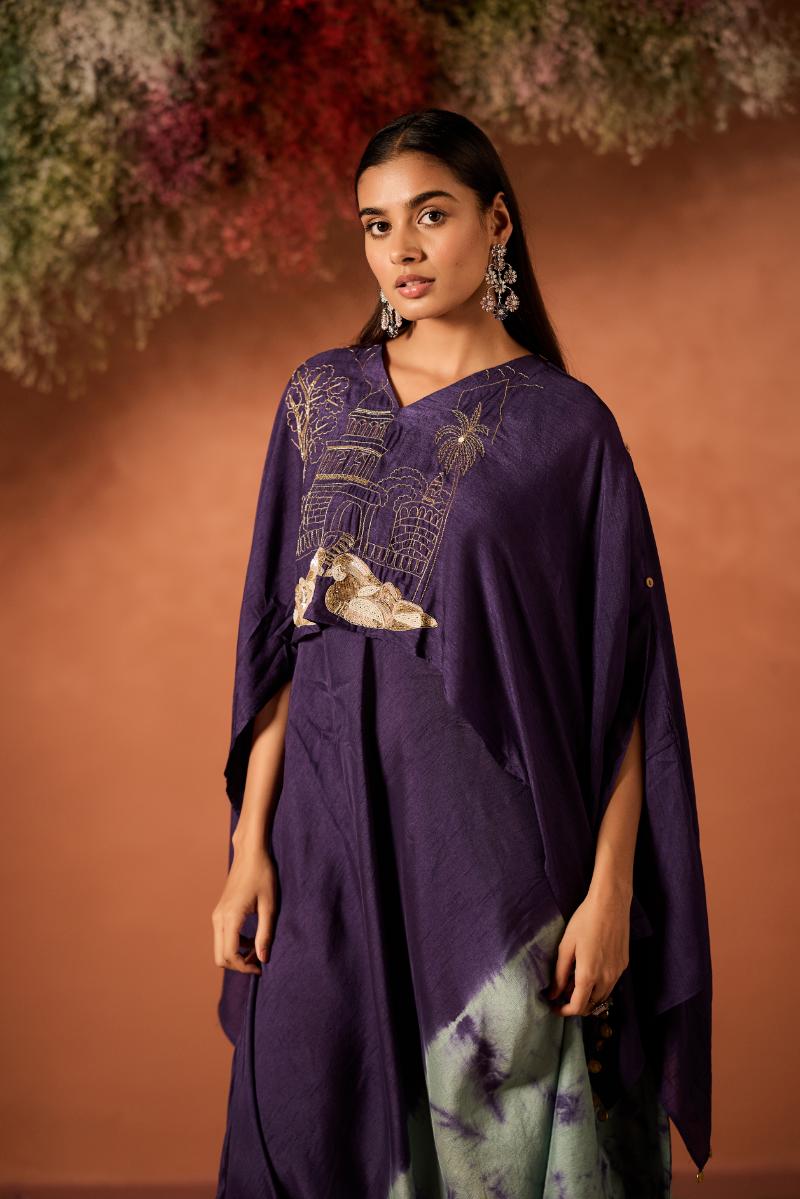 Royal Purple Embellished Raw Silk Kaftan Set