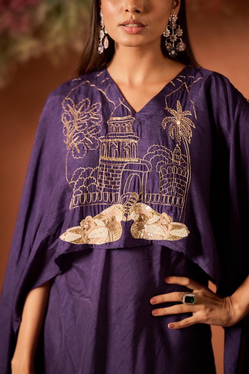 Royal Purple Embellished Raw Silk Kaftan Set