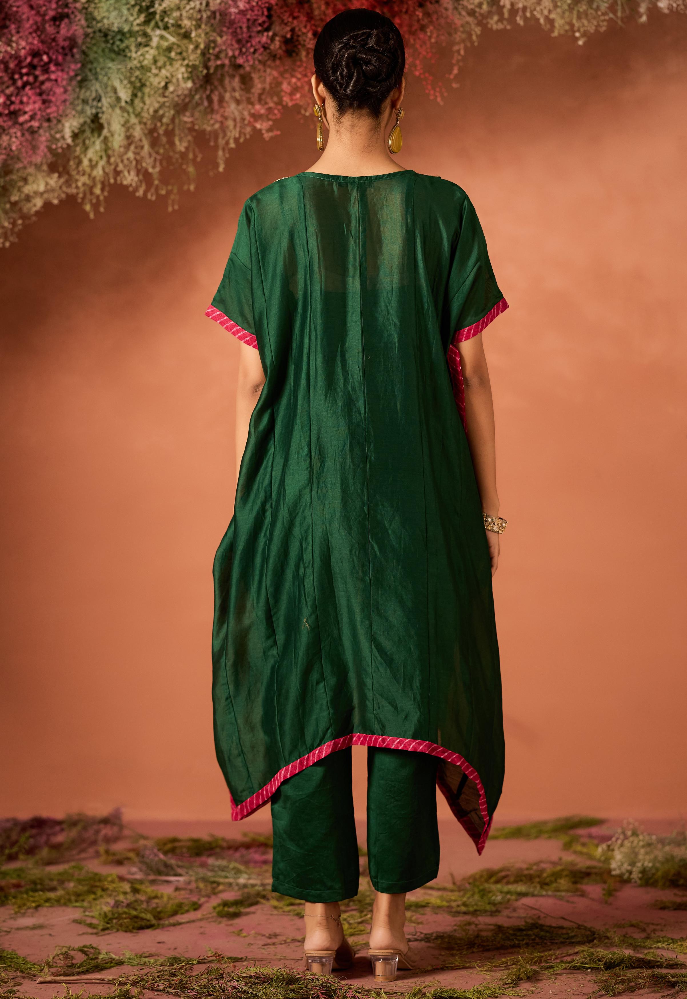 Emerald Enchant Embellished Organza Tissue Silk Kaftan Set