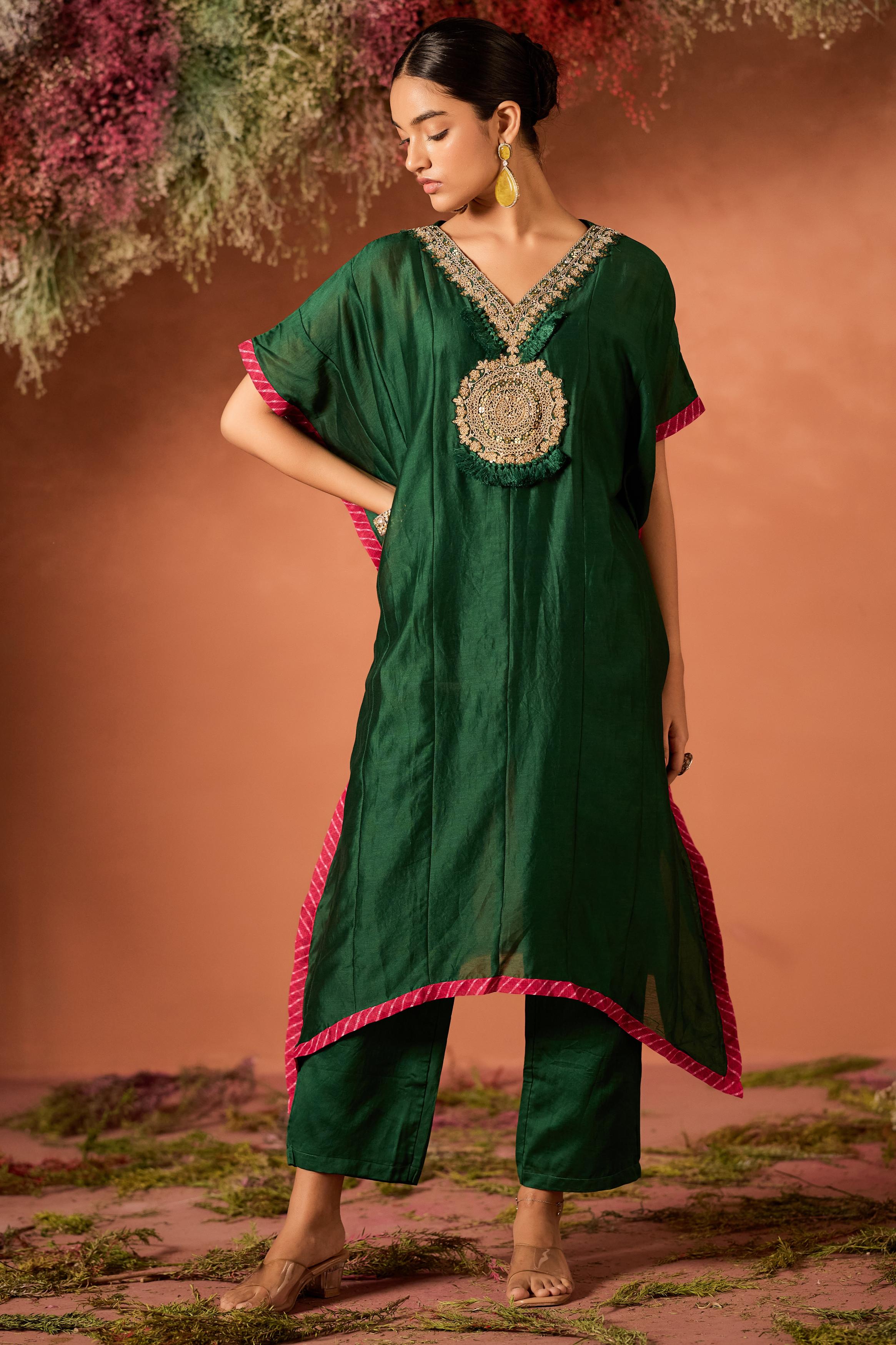 Emerald Enchant Embellished Organza Tissue Silk Kaftan Set