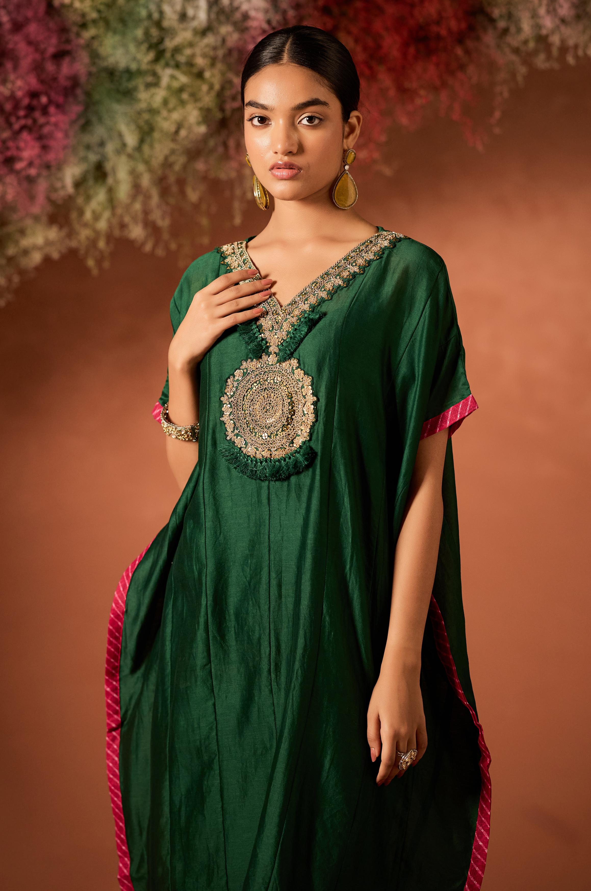 Emerald Enchant Embellished Organza Tissue Silk Kaftan Set