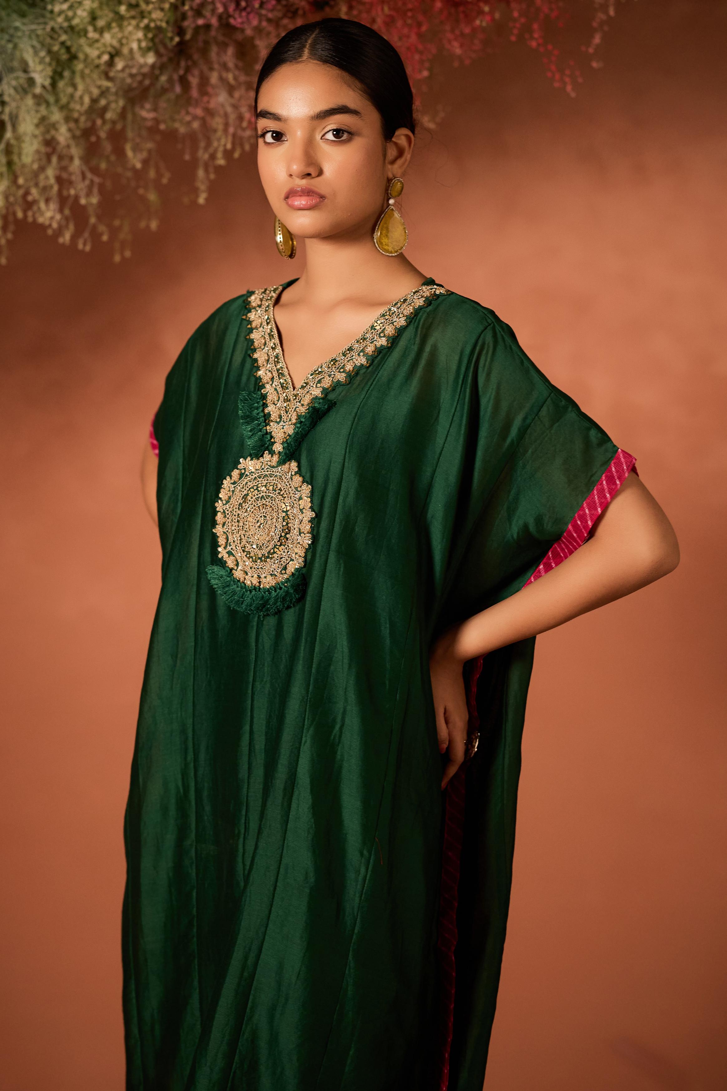 Emerald Enchant Embellished Organza Tissue Silk Kaftan Set
