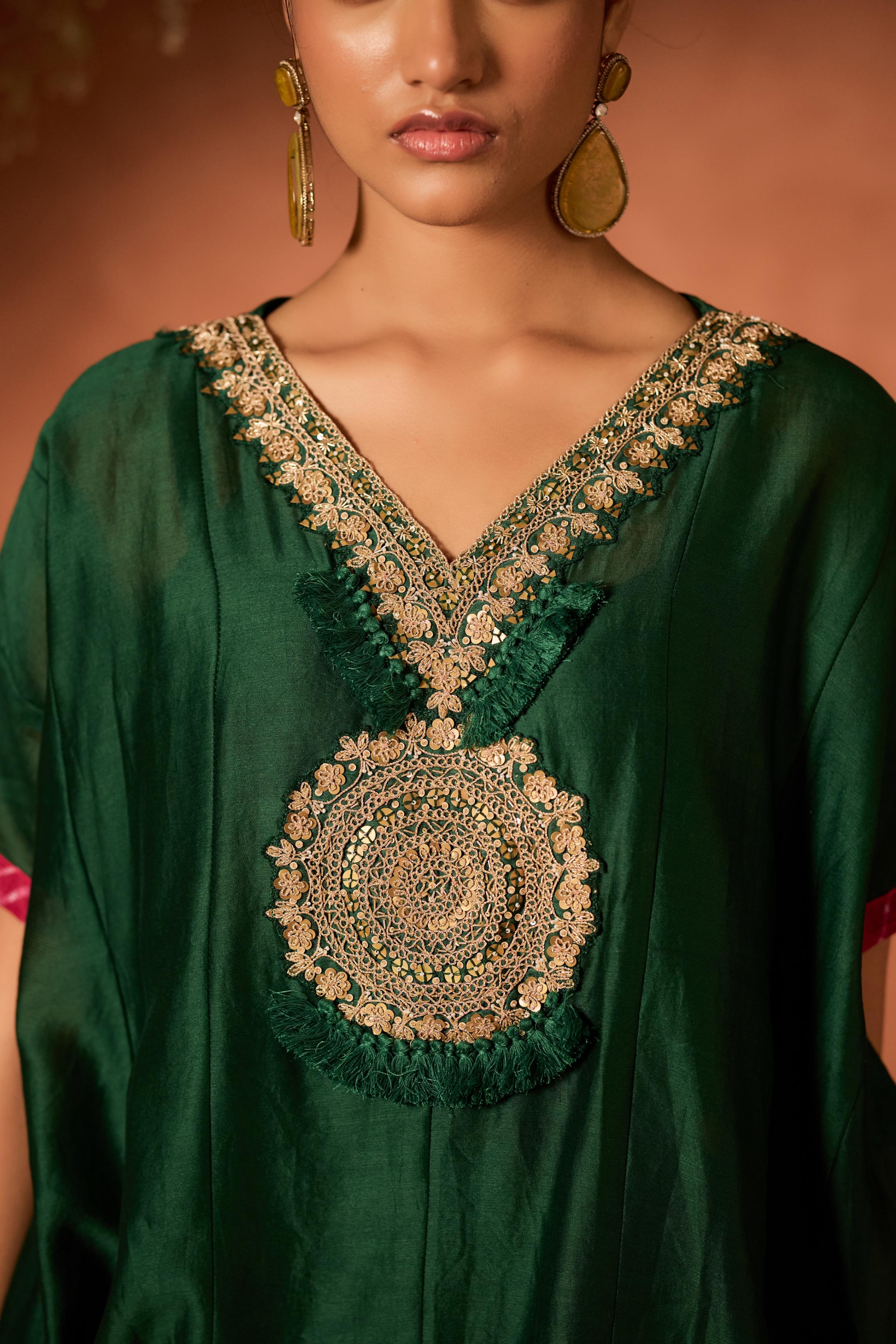 Emerald Enchant Embellished Organza Tissue Silk Kaftan Set