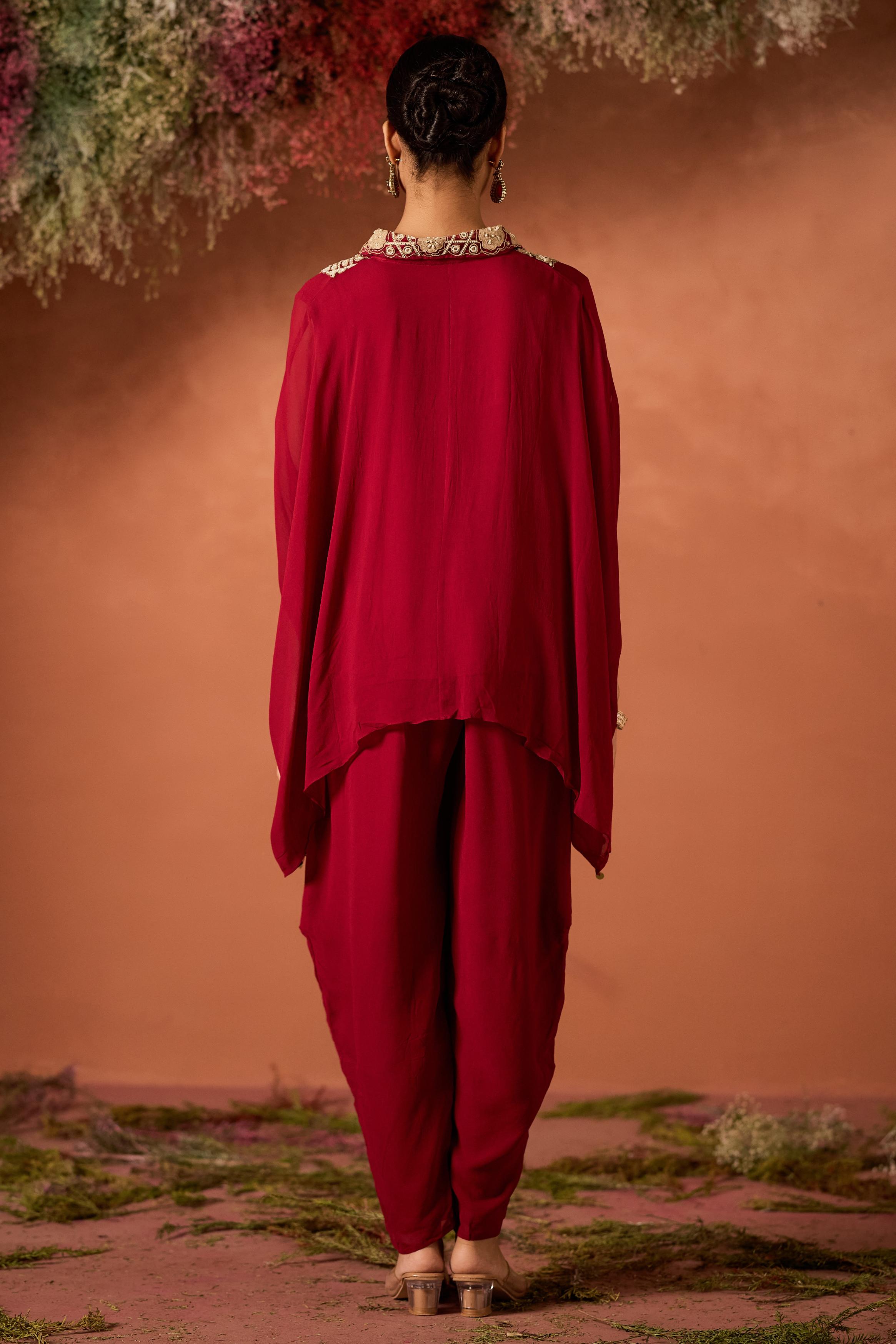 Maroon Red Embellished Georgette Silk Kaftan Set