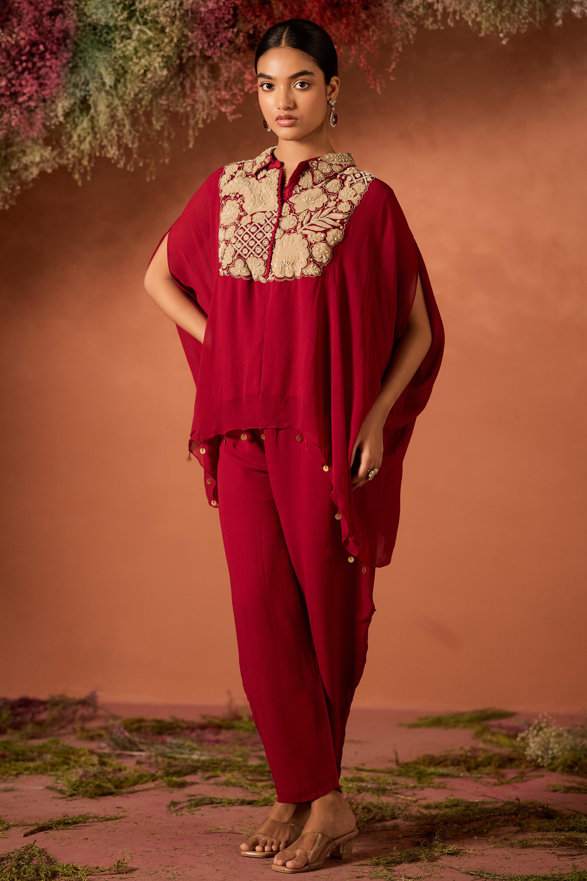 Maroon Red Embellished Georgette Kaftan Set