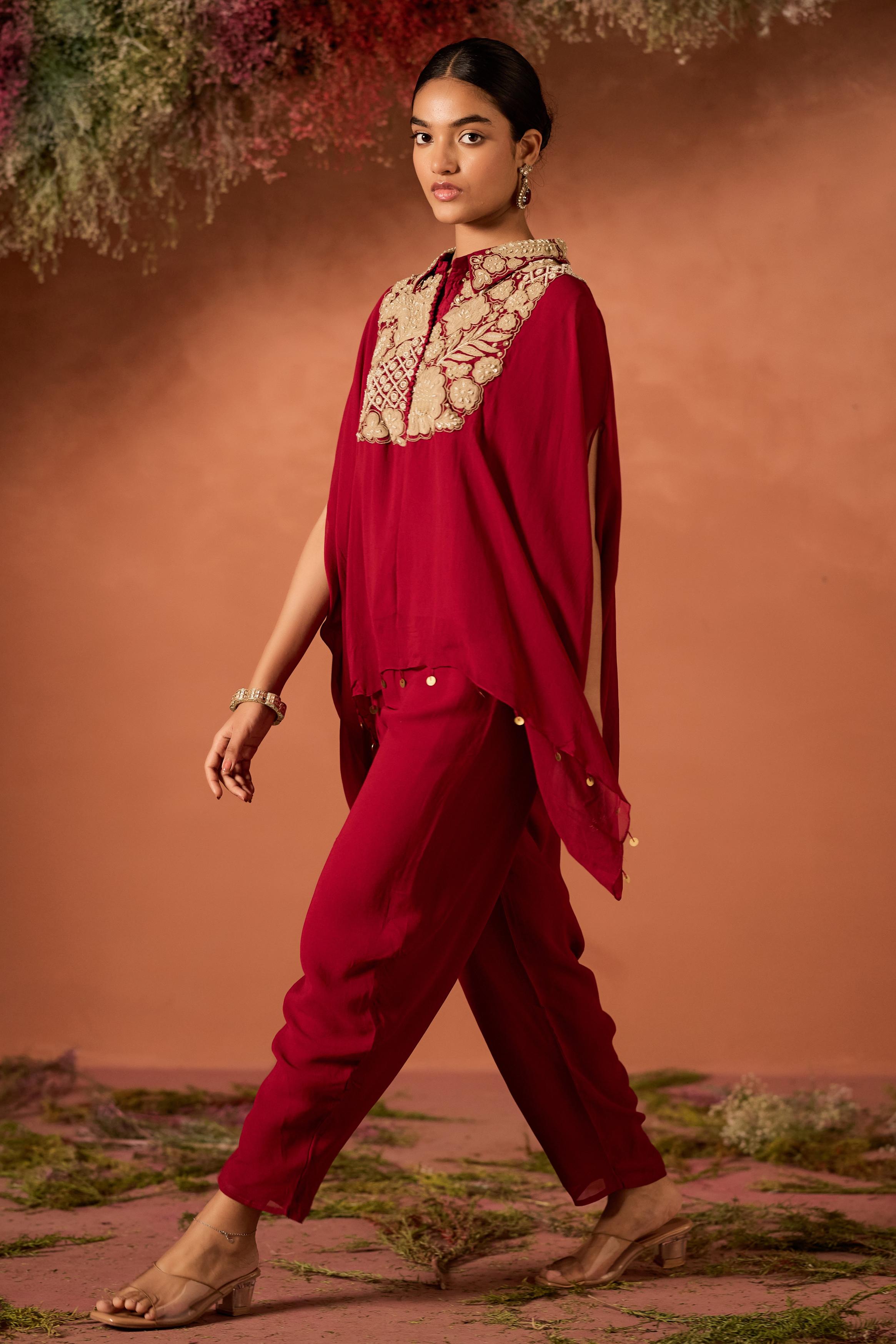 Maroon Red Embellished Georgette Silk Kaftan Set