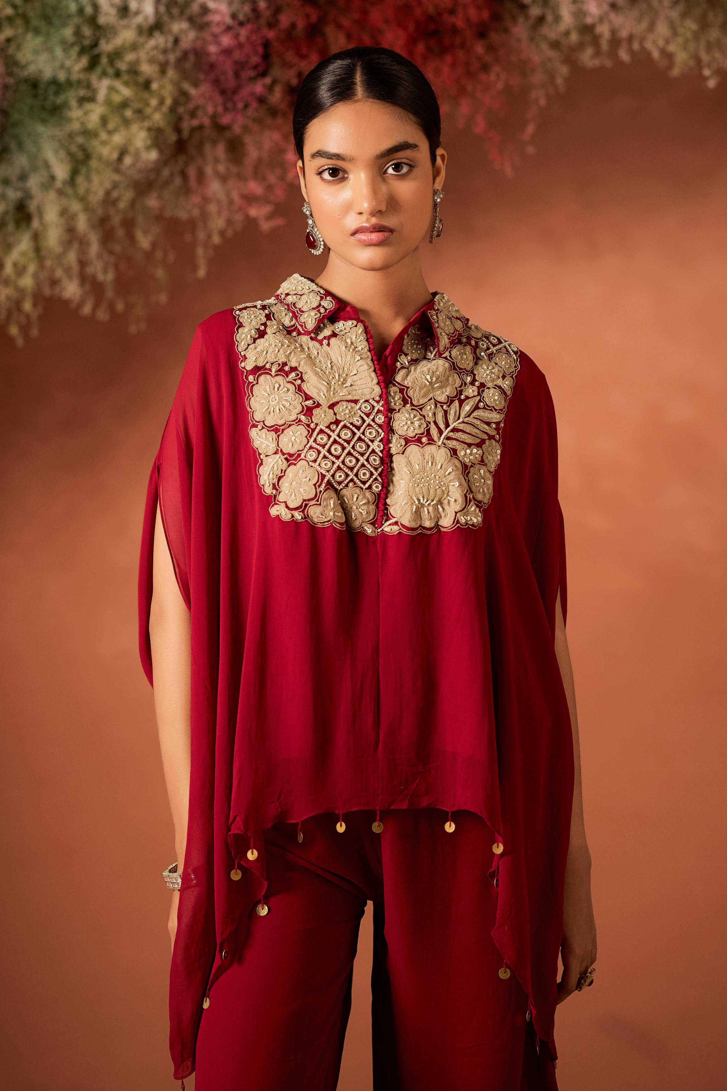 Maroon Red Embellished Georgette Kaftan Set