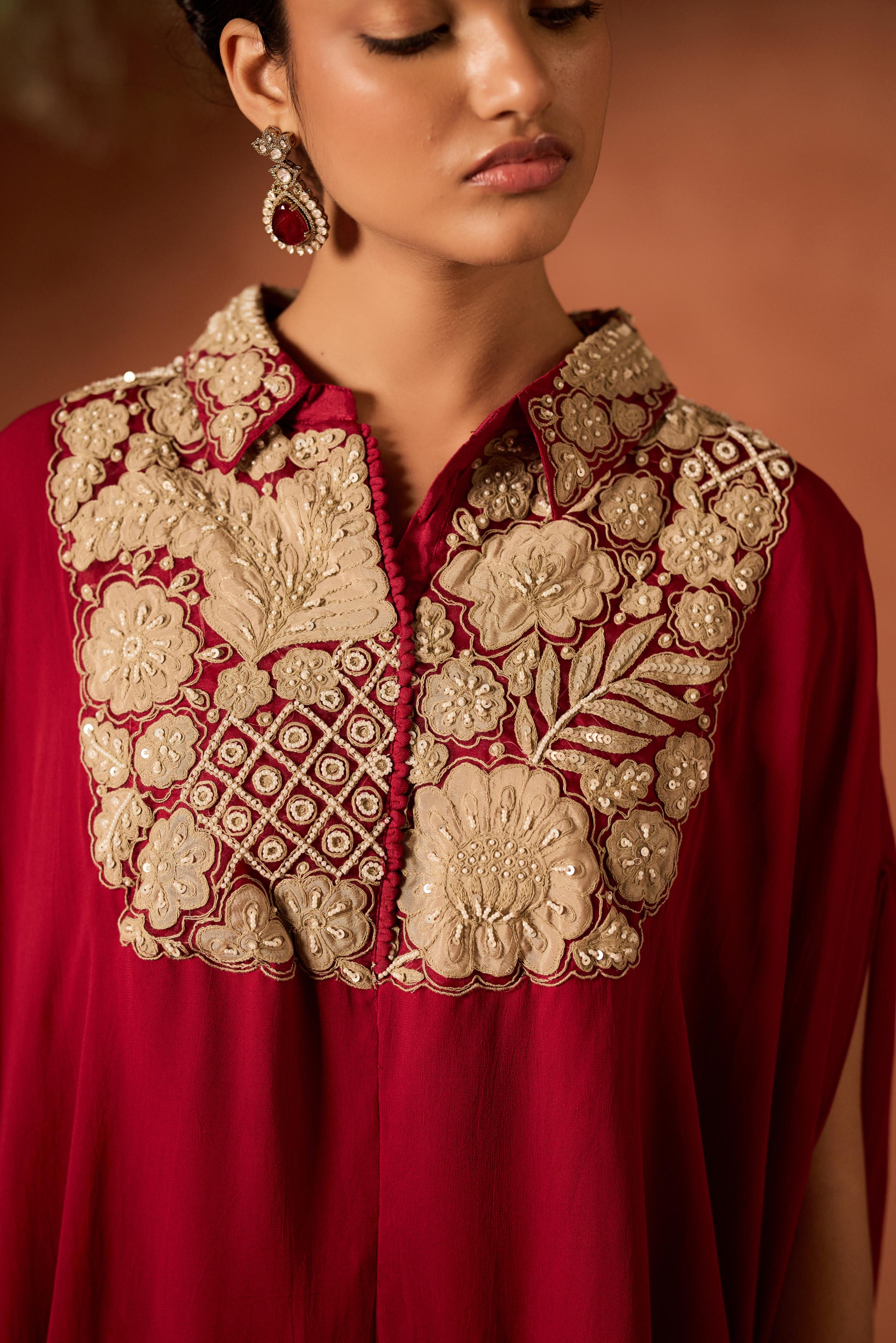 Maroon Red Embellished Georgette Kaftan Set