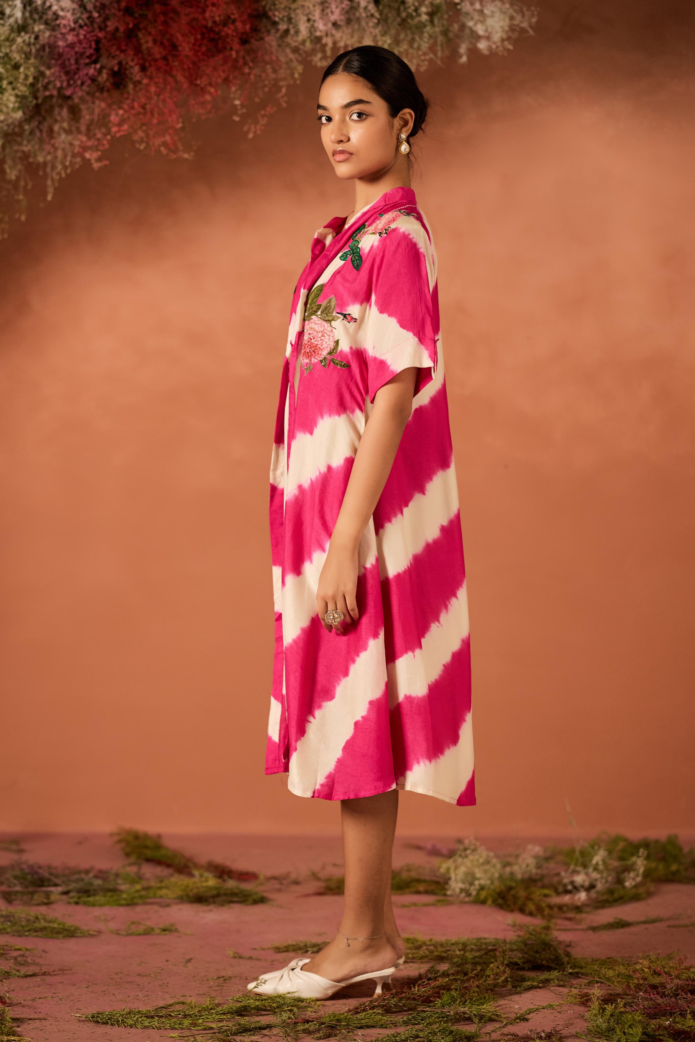 Fuchsia Pink Embellished Raw Silk Tunic Set