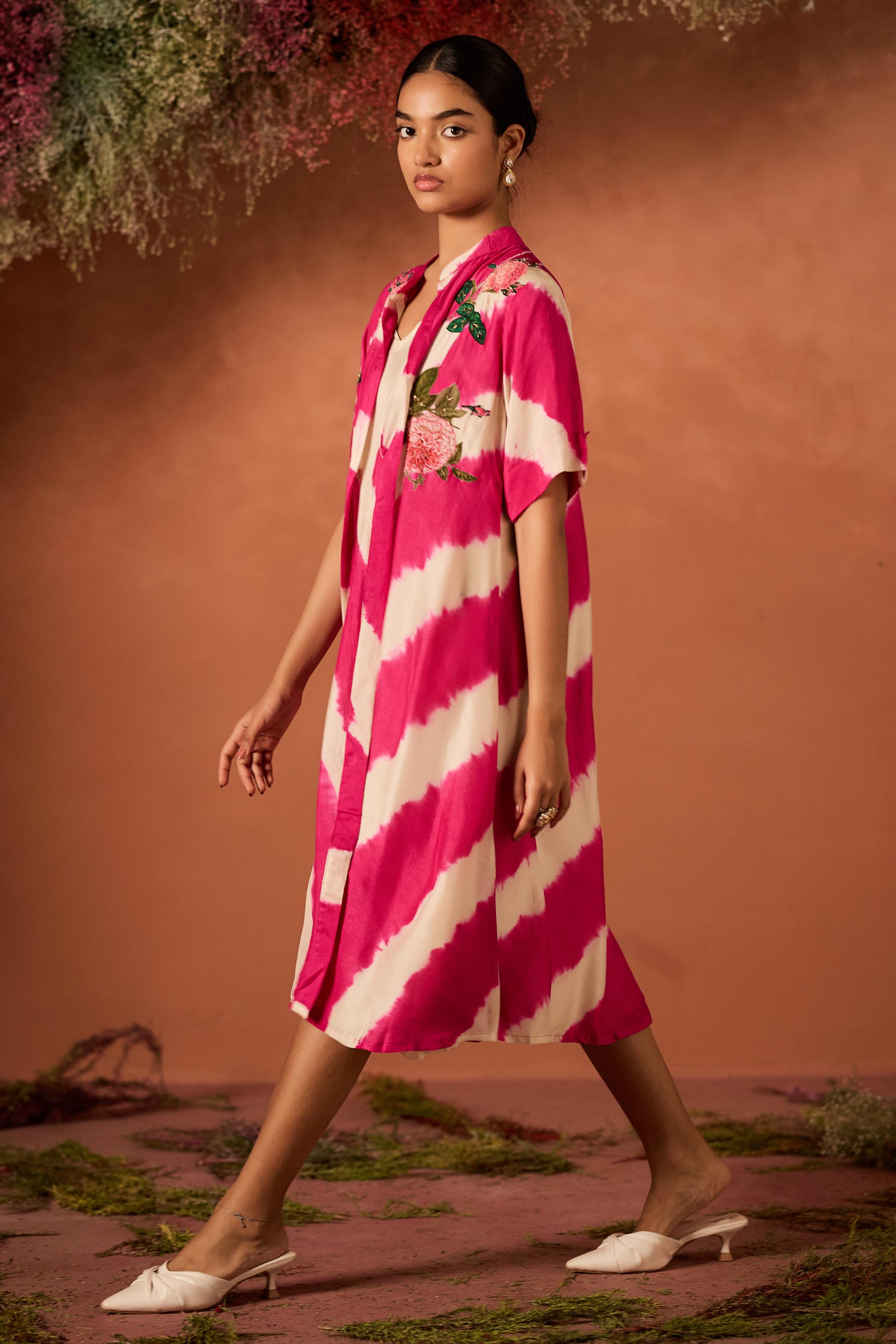 Fuchsia Pink Embellished Raw Silk Tunic Set