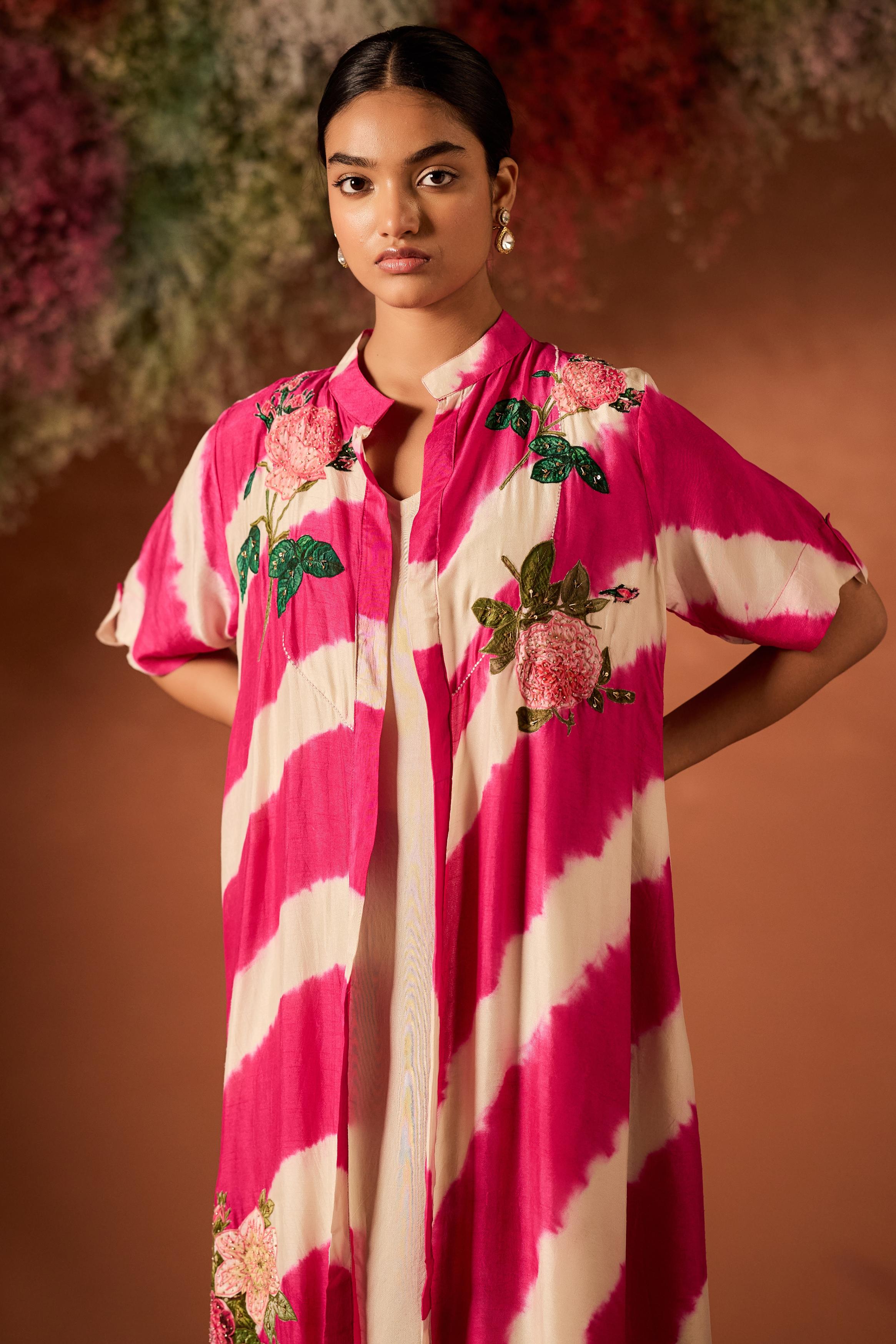 Fuchsia Pink Embellished Raw Silk Tunic Set