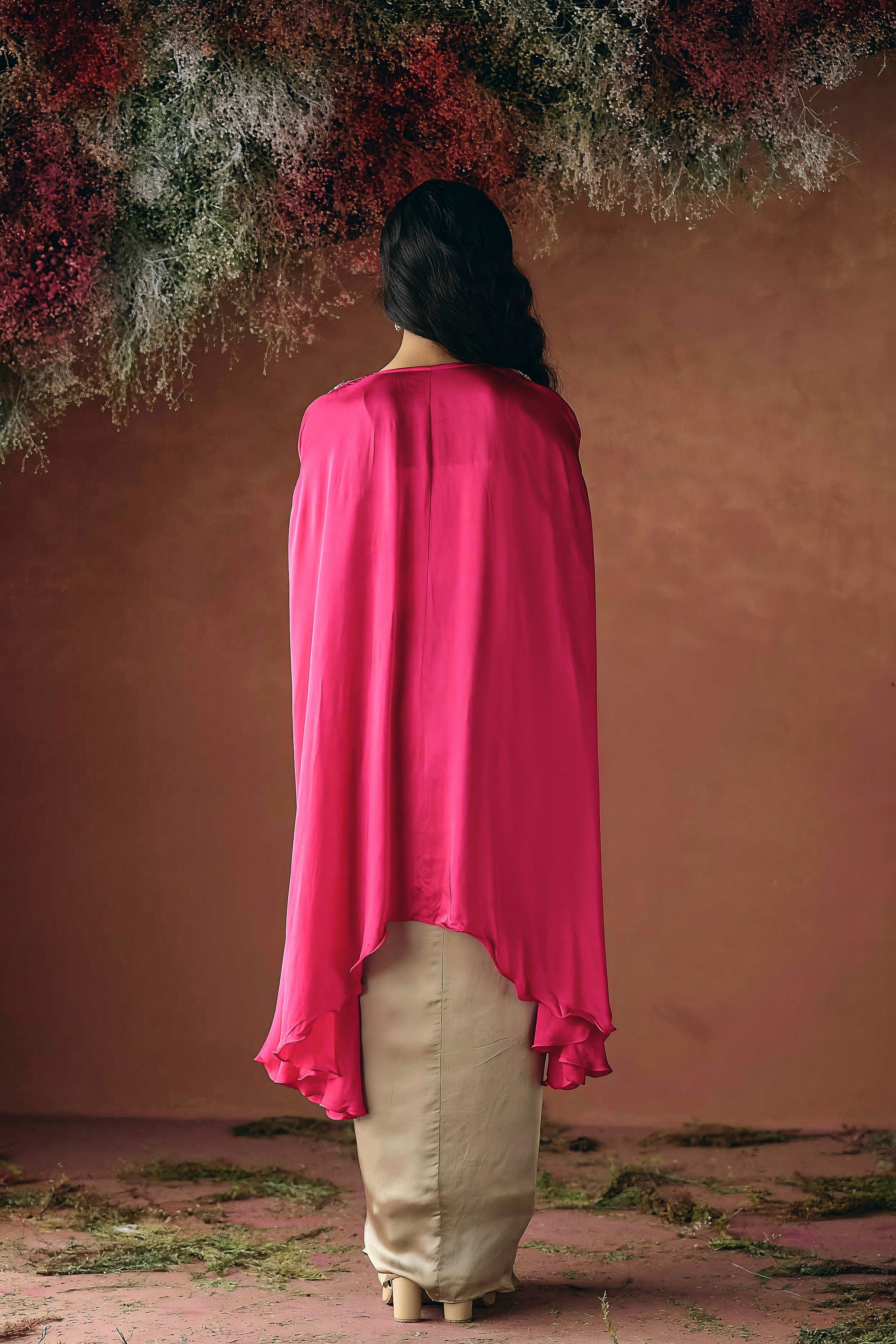 Vibrant Pink Embellished Satin Silk Drape Skirt Set