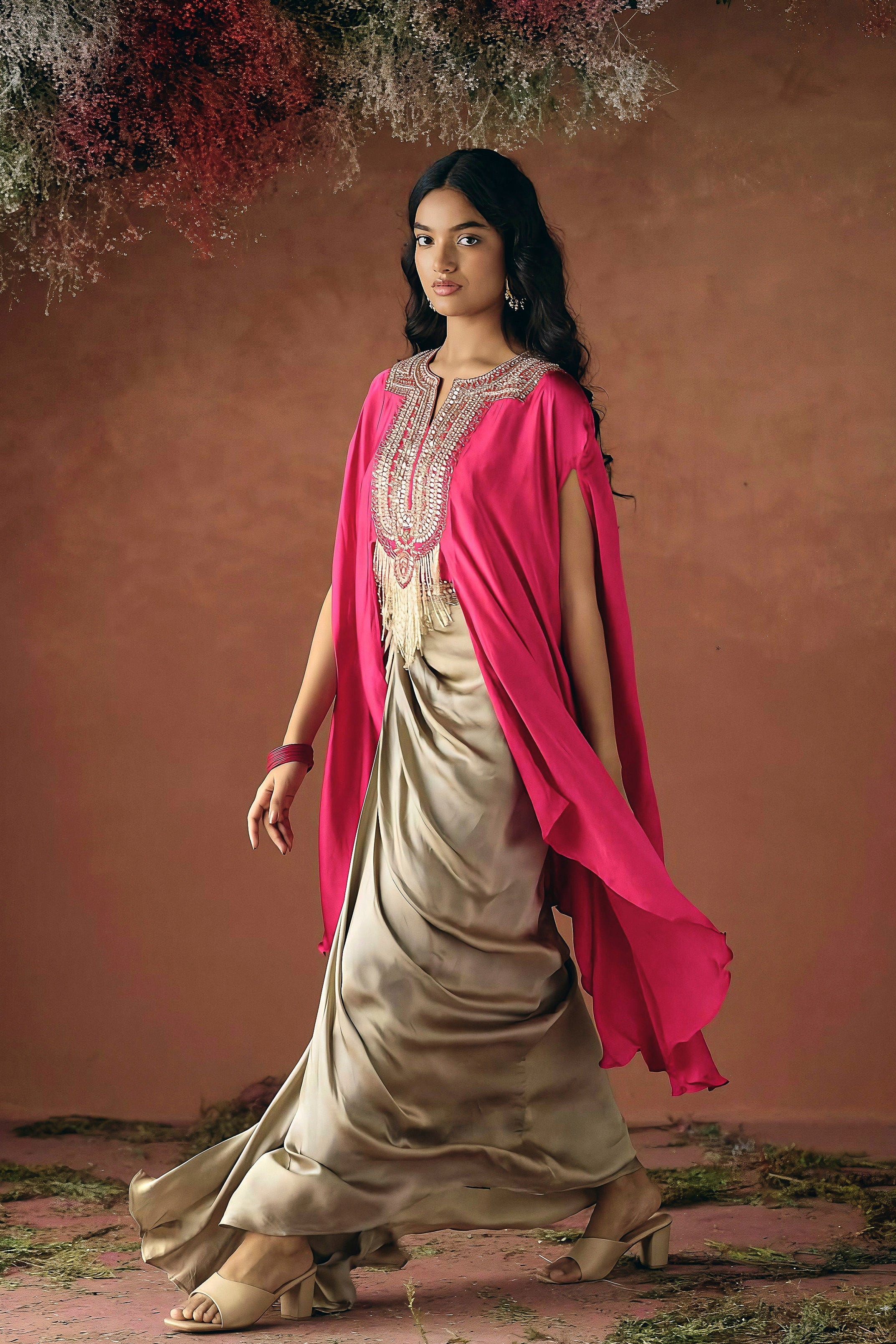 Vibrant Pink Embellished Satin Silk Drape Skirt Set