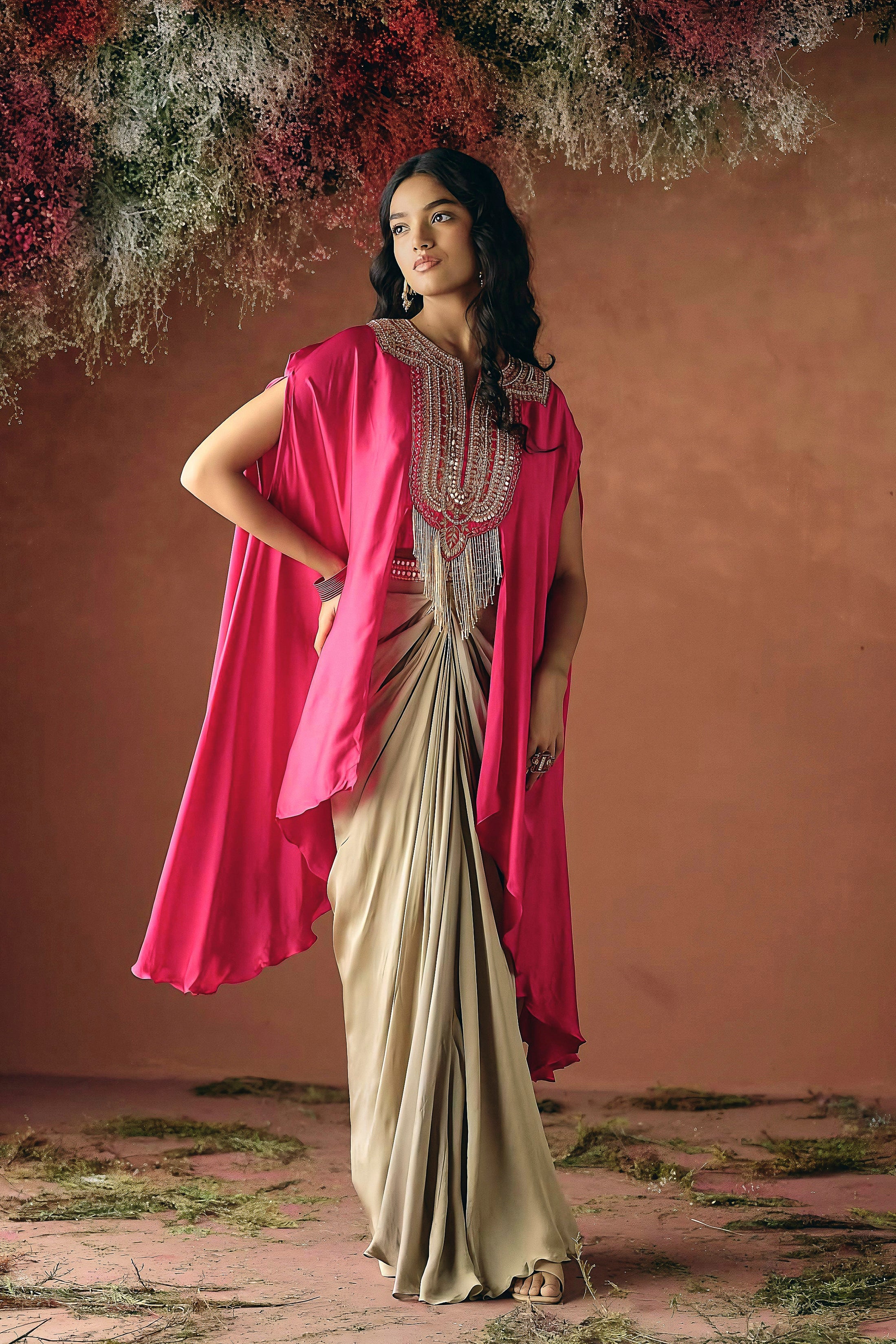 Vibrant Pink Embellished Satin Silk Drape Skirt Set