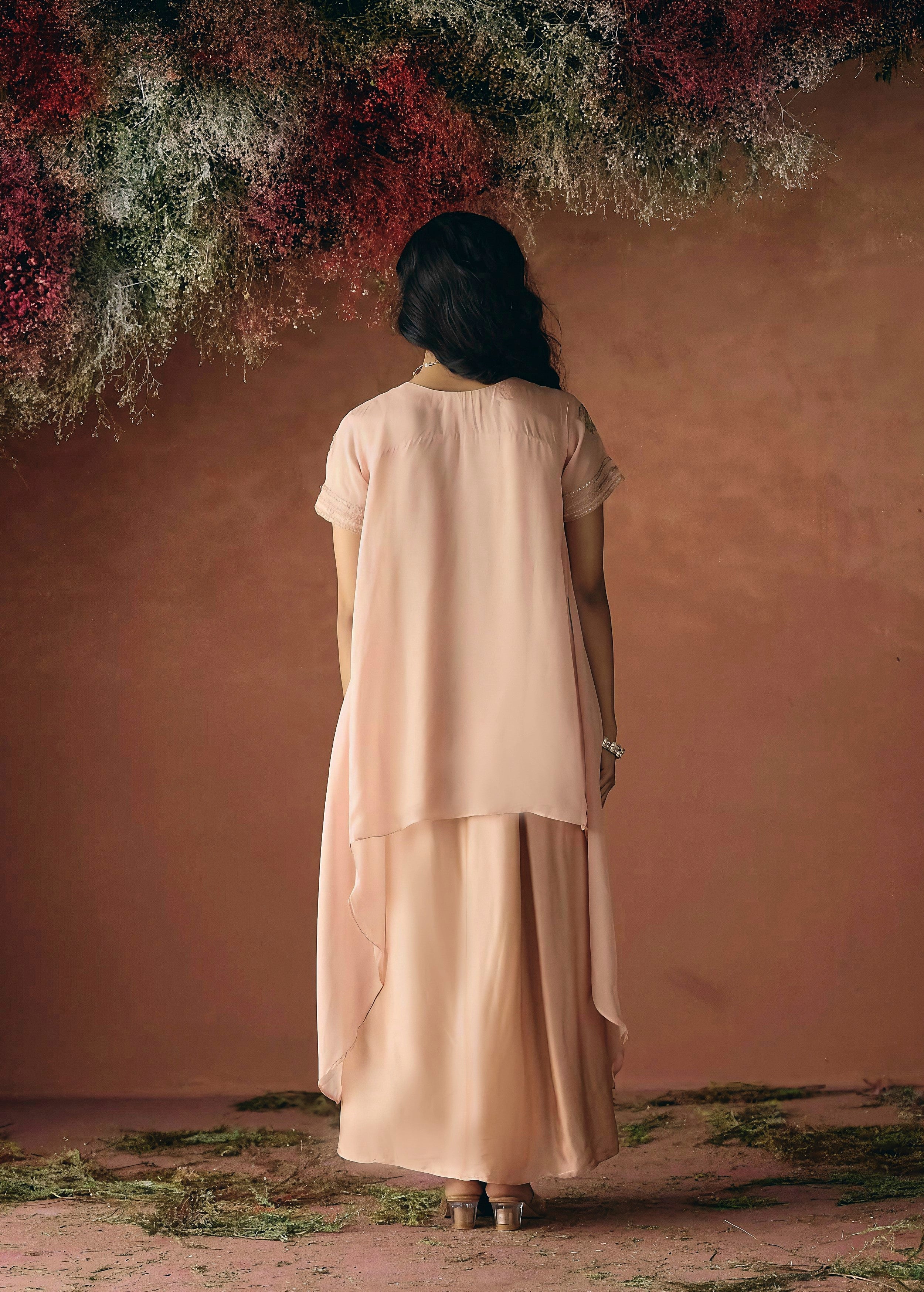 Peach Pink Embellished Organza Silk Skirt Set